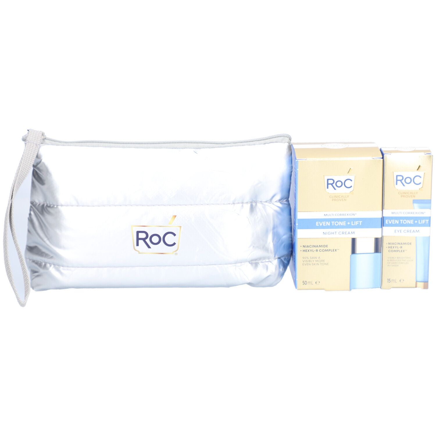 Trousse de maquillage argentée avec fermeture éclair et poignée, avec deux boîtes de produits RoC.