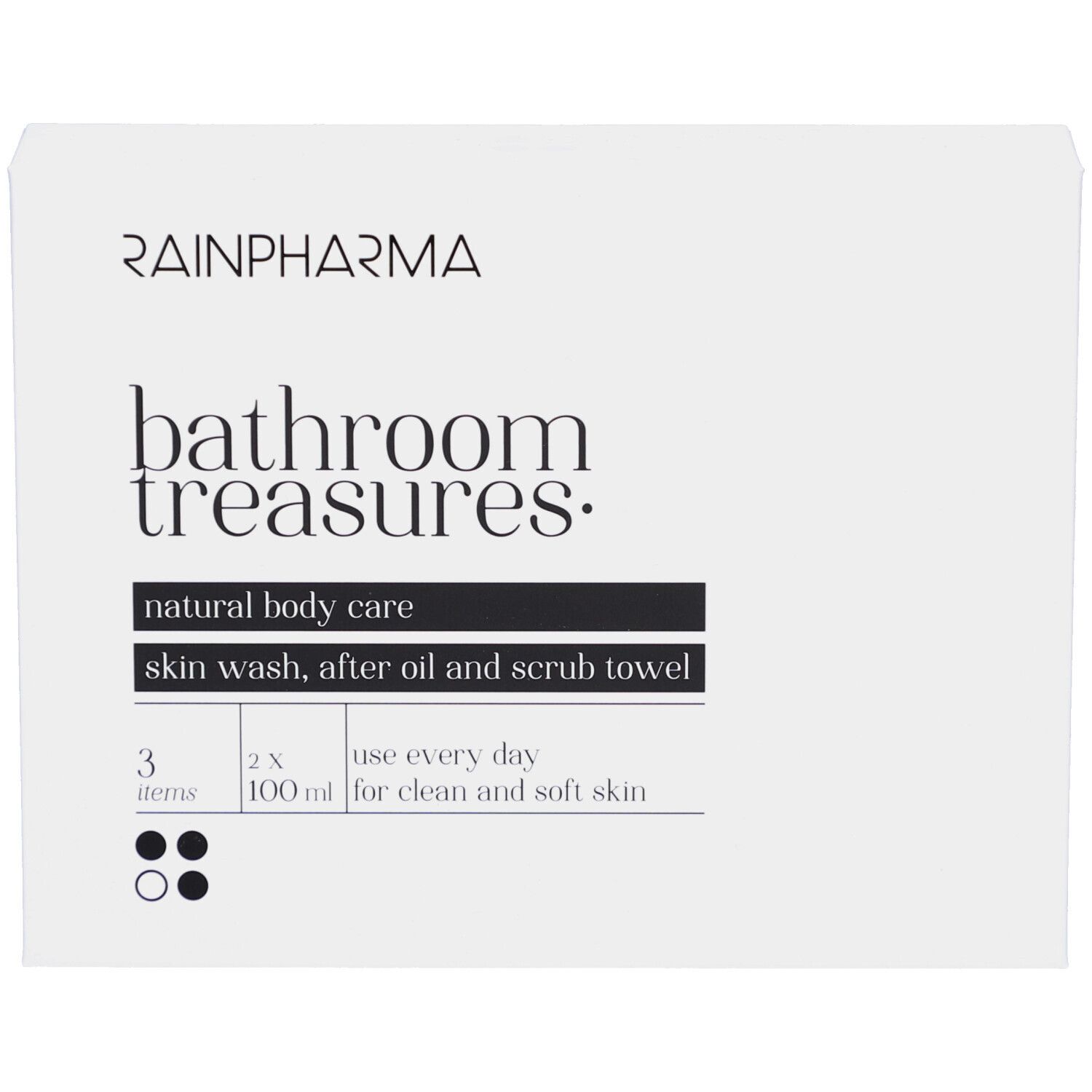 Emballage Rainpharma Bathroom Treasures. Blanc avec texte noir. Contient 3 articles : Skin Wash, After Oil et Scrub Towel.