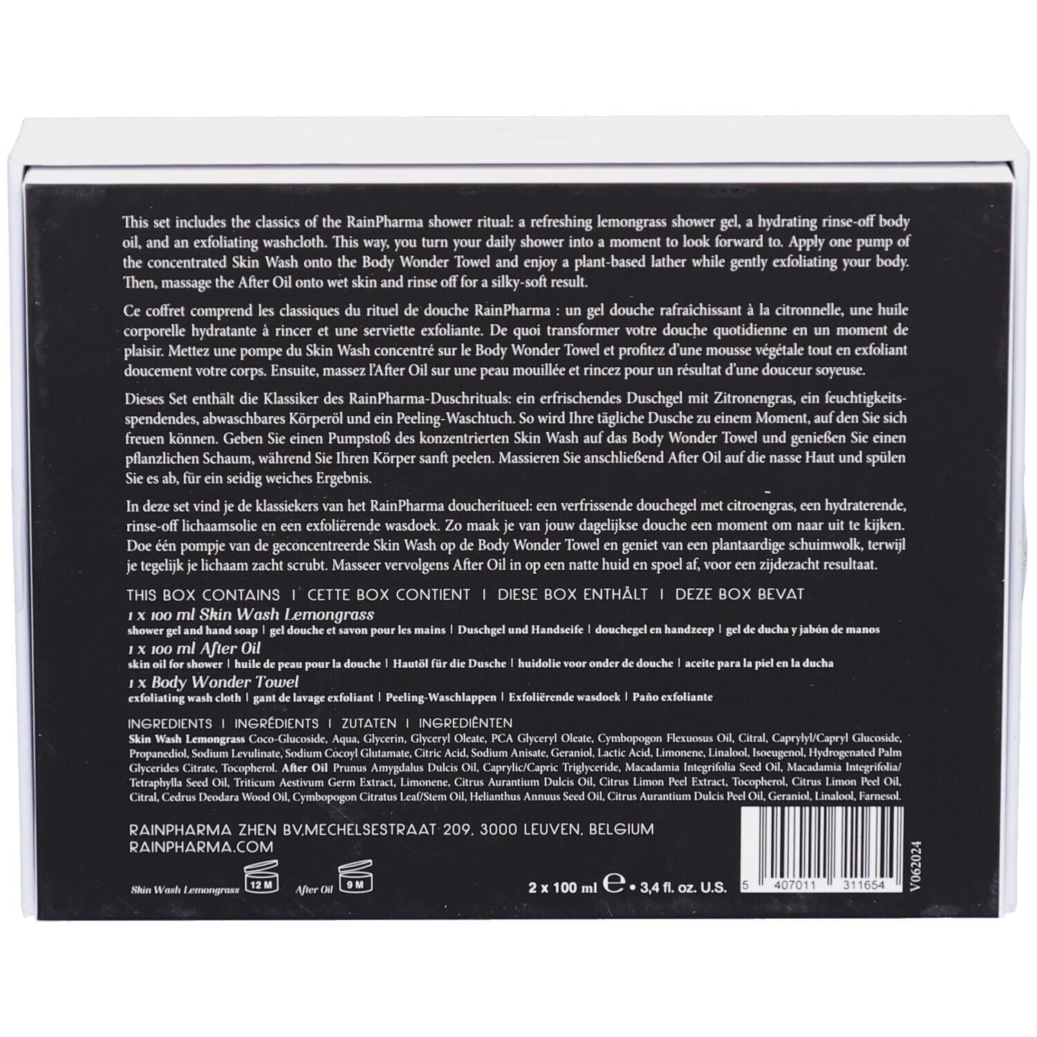 Dos de l'emballage Rainpharma Bathroom Treasures. Texte en anglais, allemand, français, néerlandais et espagnol.