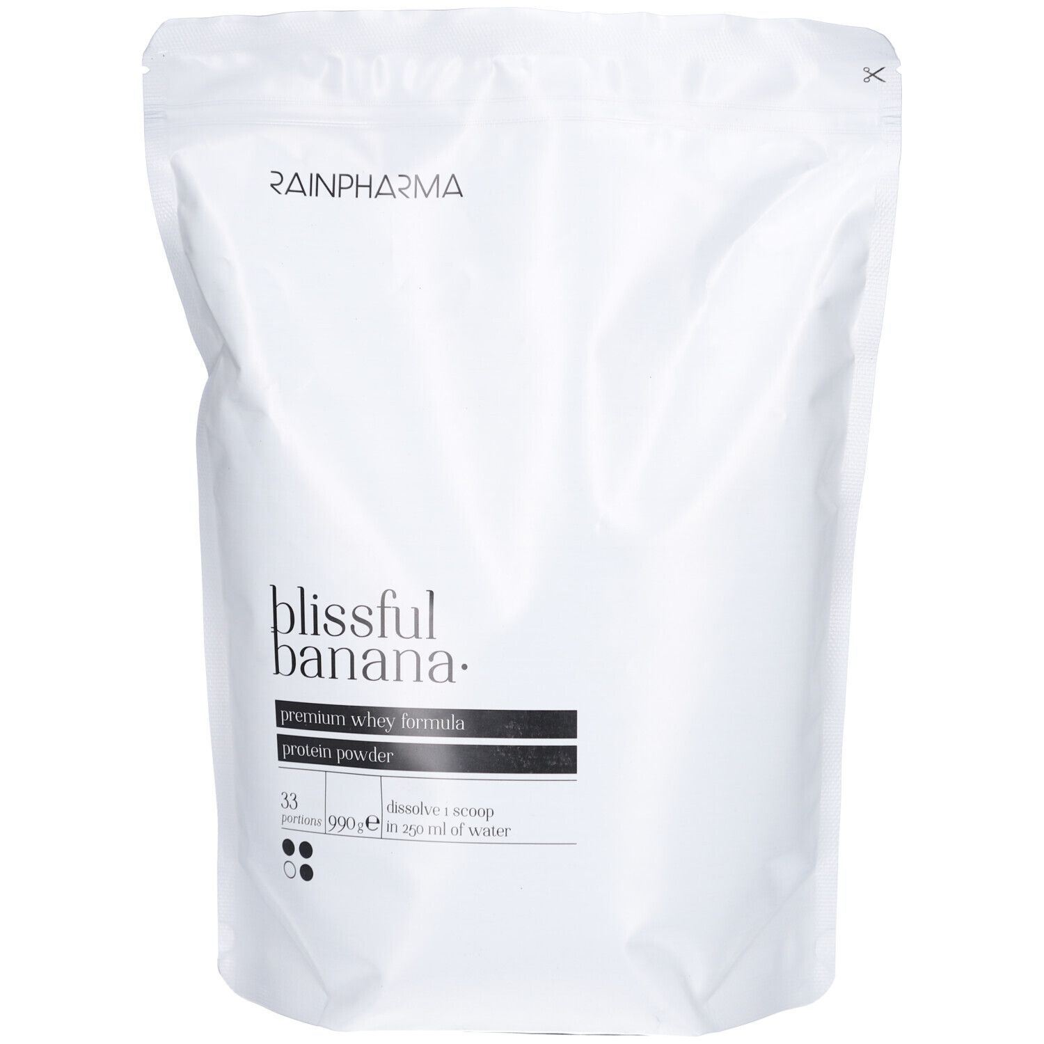 Sachet blanc avec logo Rainpharma et inscription "blissful banana". Contient une formule de lactosérum premium, protéine en poudre. 33 portions, 990g.