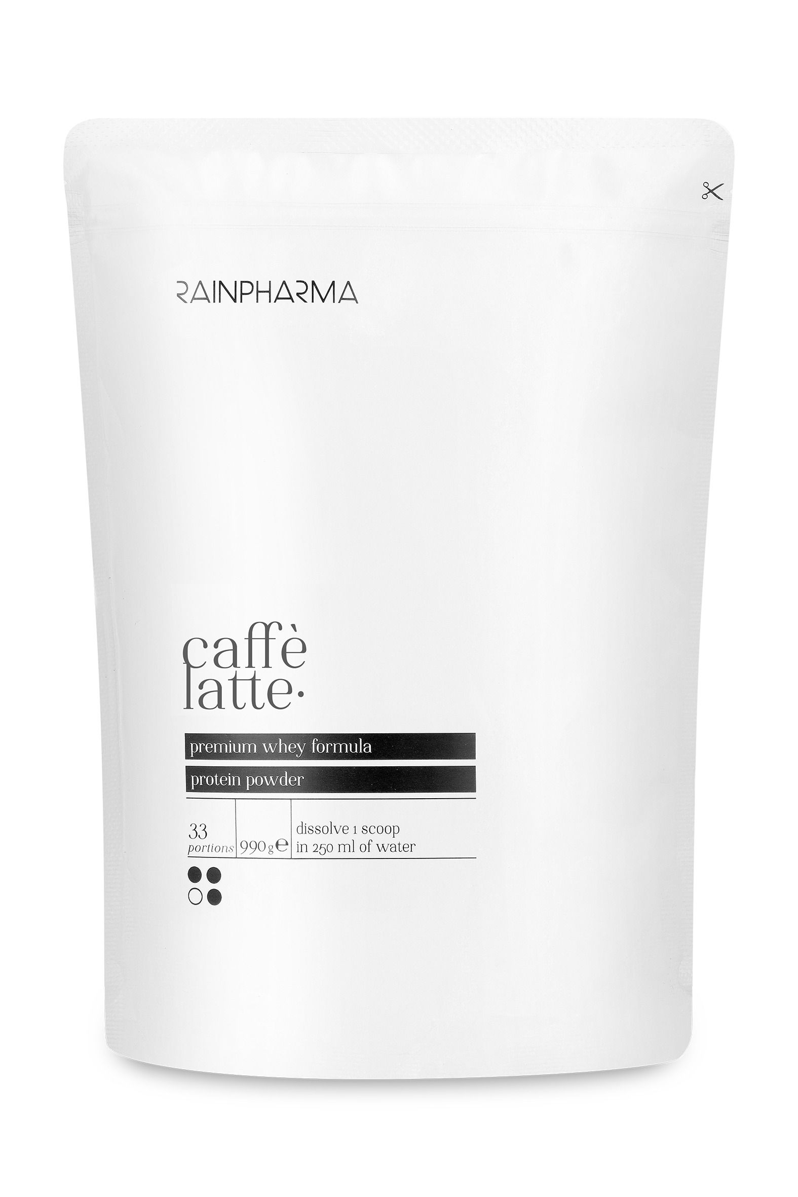 Sachet blanc RainPharma. Texte: Caffè Latte, Premium Whey Formula, Protein Powder. 33 portions.
