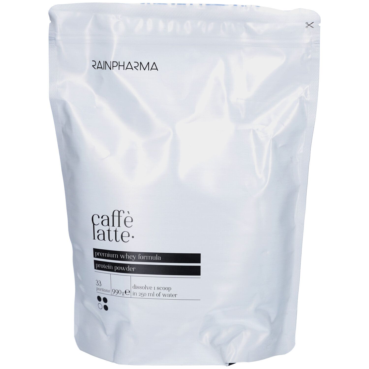 Sachet blanc RainPharma. Texte: Caffè Latte, Premium Whey Formula, Protein Powder. 33 portions, 990g.