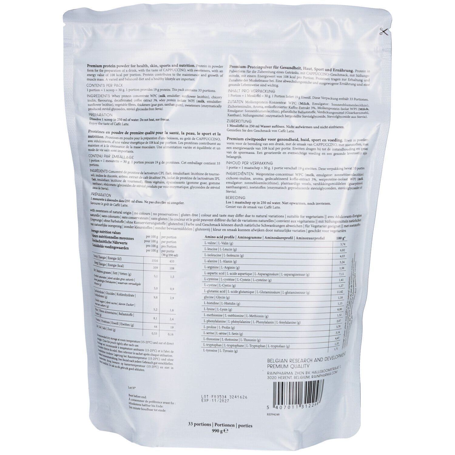 Dos d'un sachet blanc. Texte: Protéines premium pour la santé, le sport et la récupération. Informations nutritionnelles, texte multilingue.