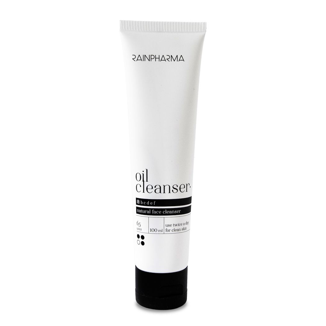 Tube blanc avec bouchon noir. Inscription: Rainpharma, oil cleanser, abcdef, natural face cleanser. 100 ml.