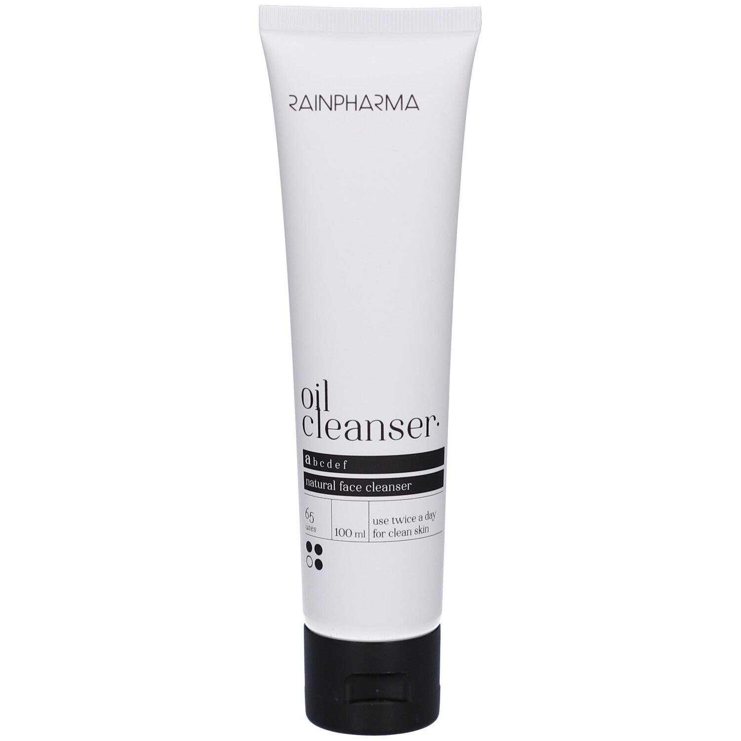 Tube blanche à bouchon noir. Inscription: Rainpharma, oil cleanser, abcdef, natural face cleanser. 100 ml.