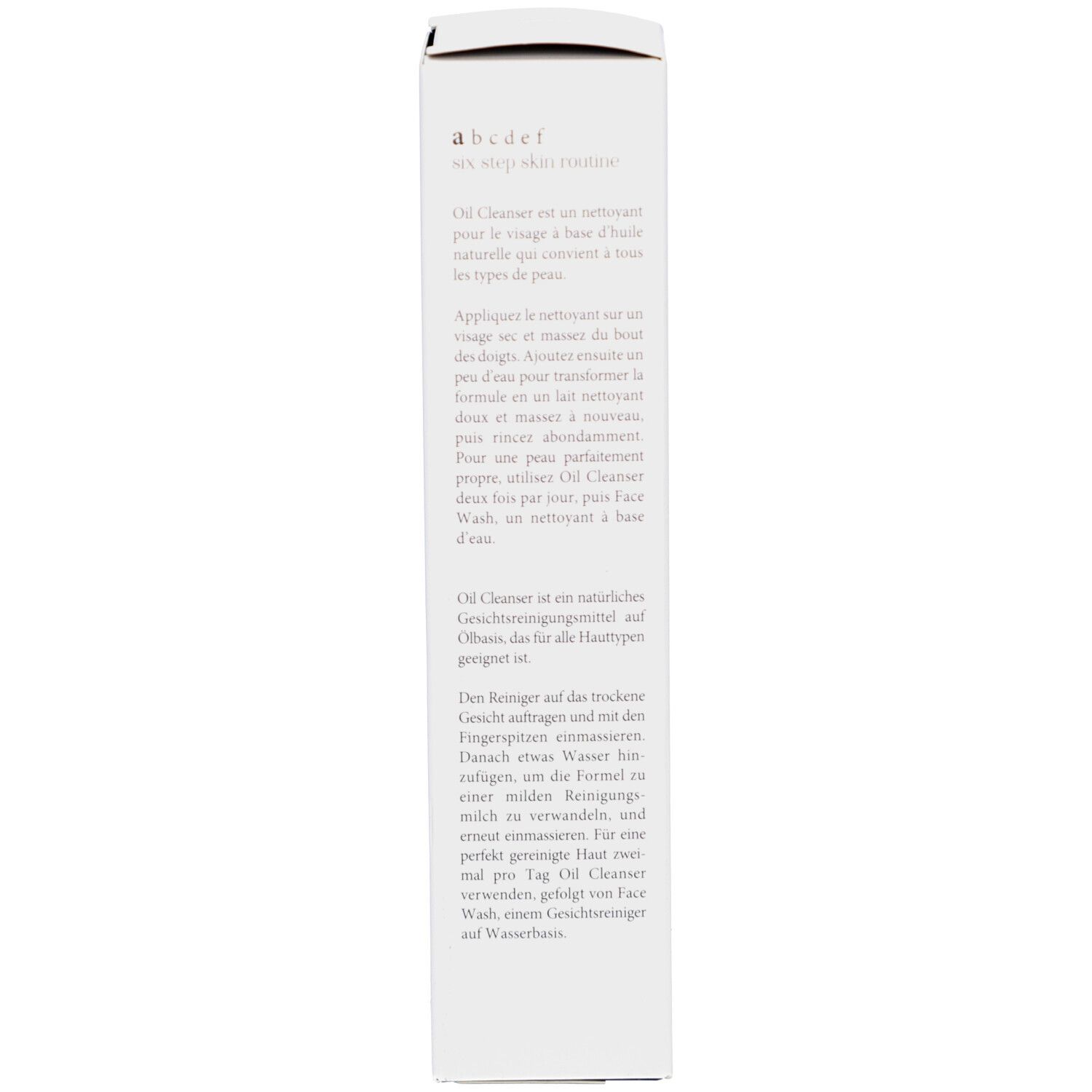 Côté de la boîte. Texte en plusieurs langues. Contient des informations sur le produit et son utilisation.