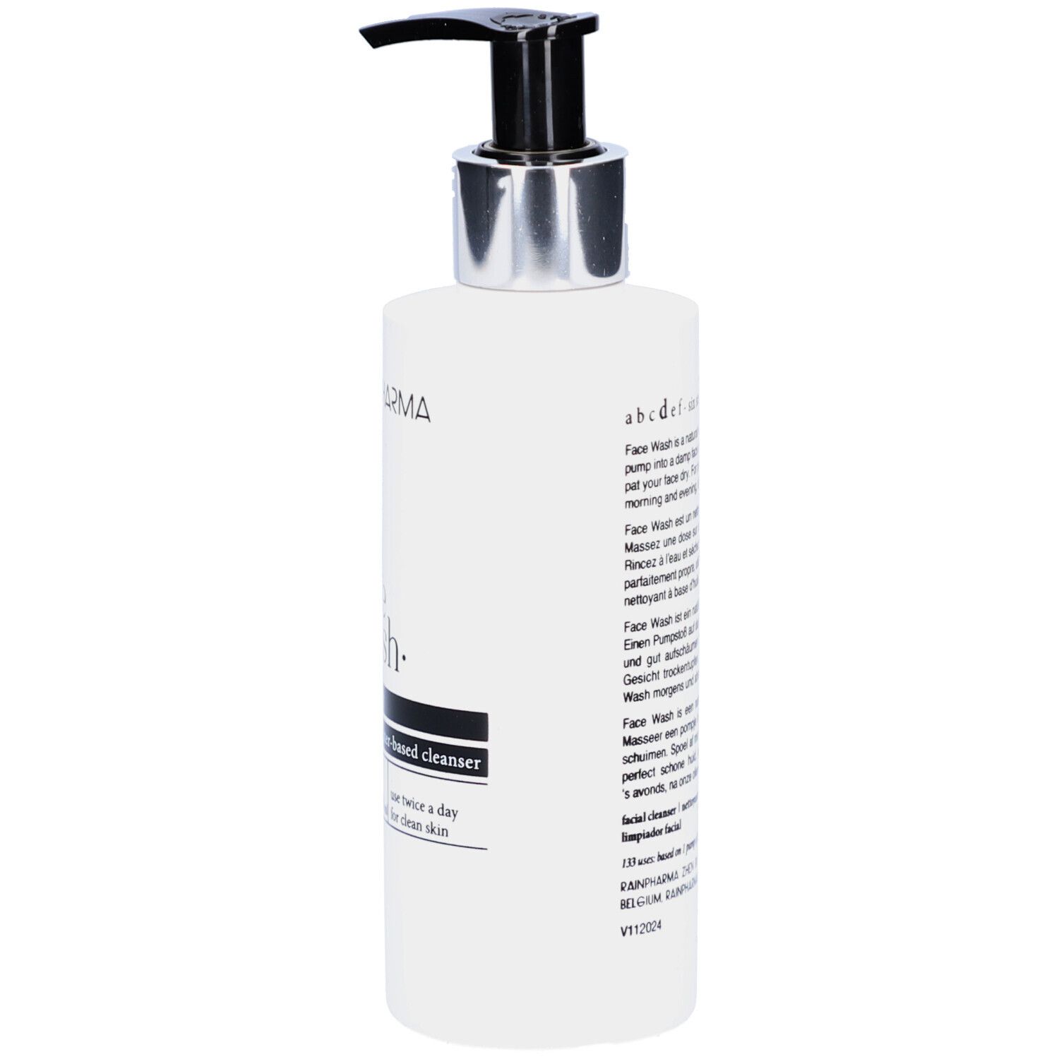 Flacon blanc avec pompe noire. Inscriptions: RAINPHARMA, face wash, abcdef, natural water-based cleanser. 200 ml.