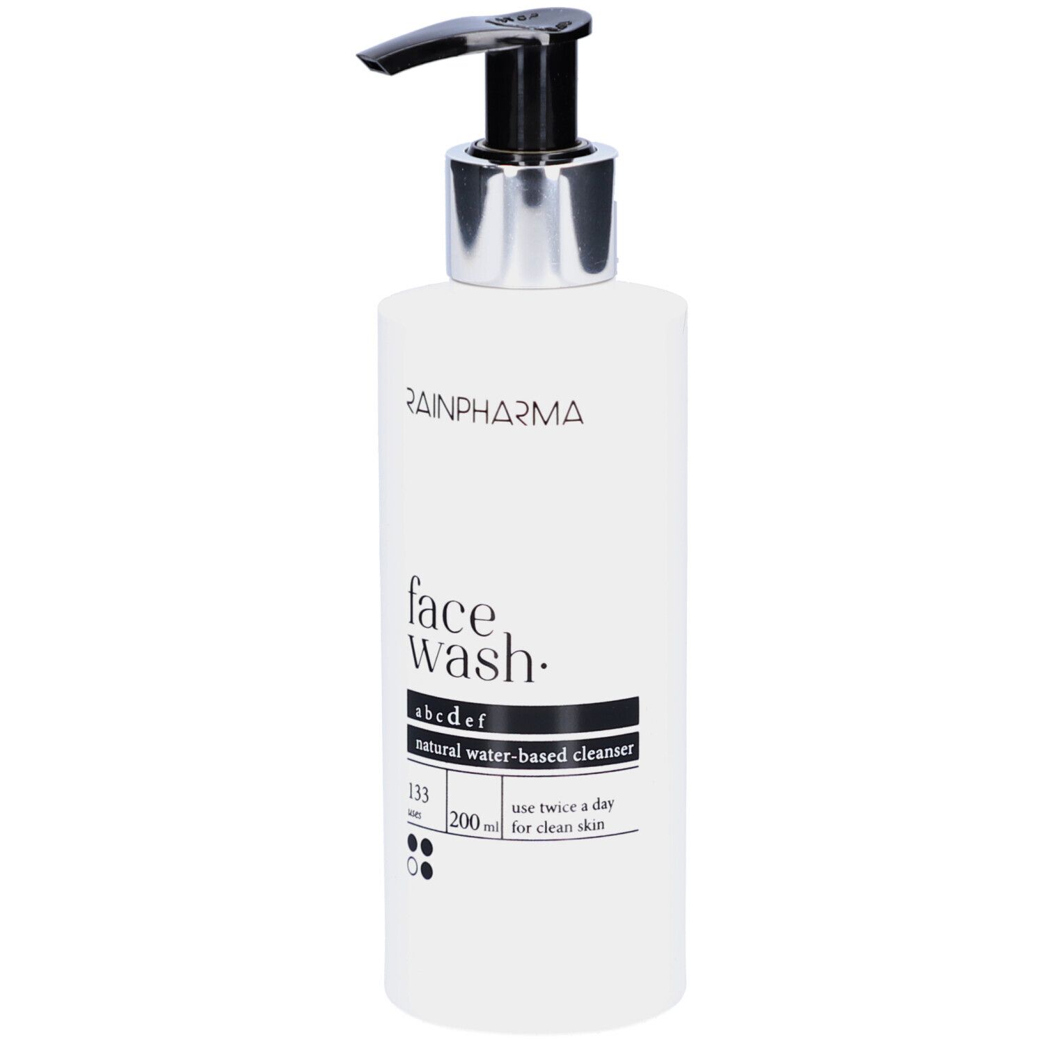 Flacon blanc avec pompe noire. Inscriptions: RAINPHARMA, face wash, abcdef, natural water-based cleanser. 200 ml.