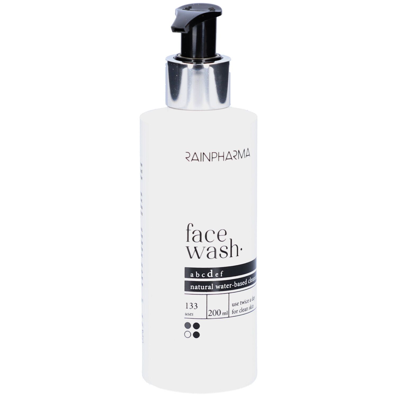 Flacon blanc avec pompe noire. Inscriptions: RAINPHARMA, face wash, abcdef, natural water-based cleanser. 200 ml.