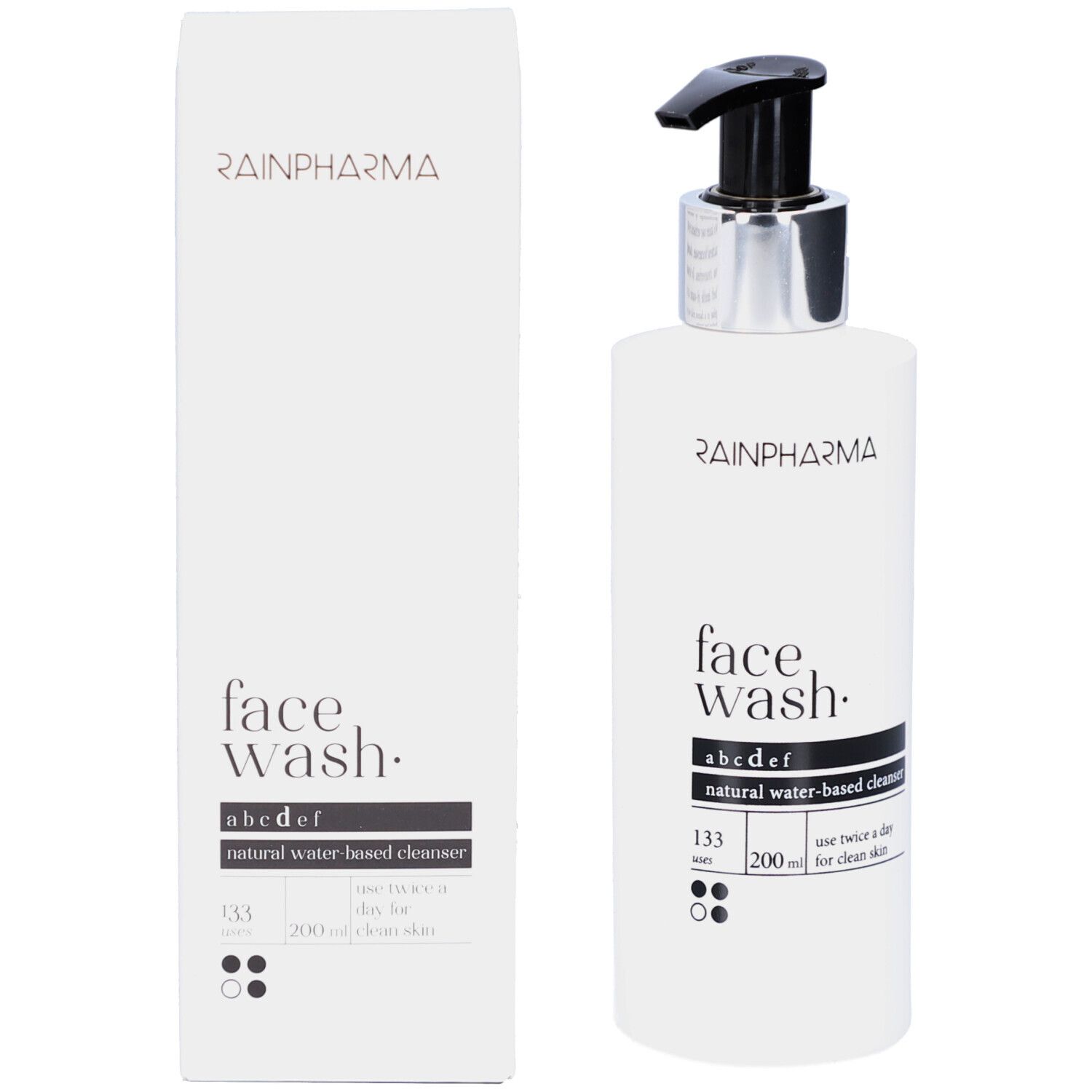 Emballage du produit. Flacon blanc avec pompe noire et carton. Inscriptions: RAINPHARMA, face wash, abcdef, 200 ml.