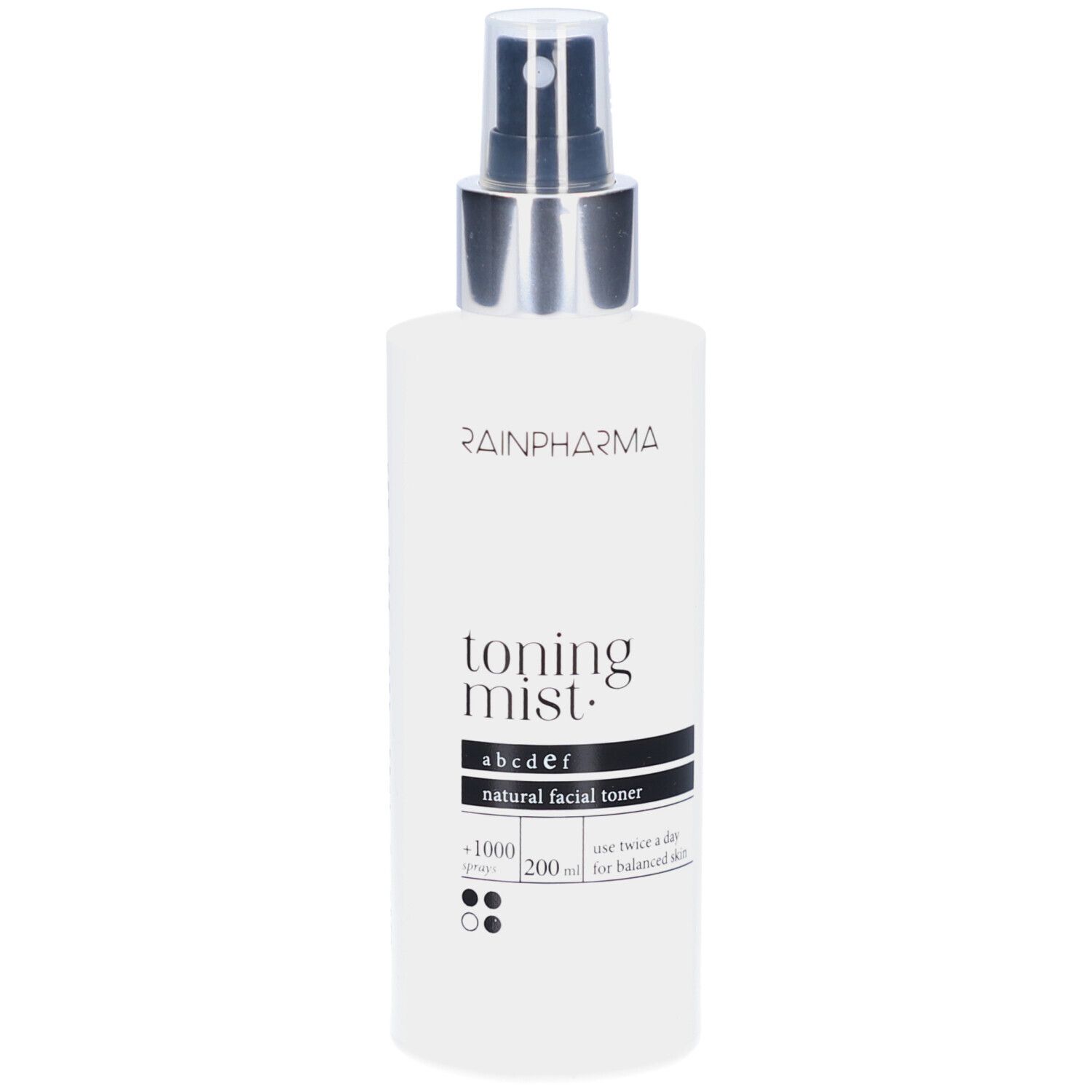 Flacon blanc Rainpharma Toning Mist avec vaporisateur. Texte noir : Toning Mist, natural facial toner. Vaporisateur argenté.