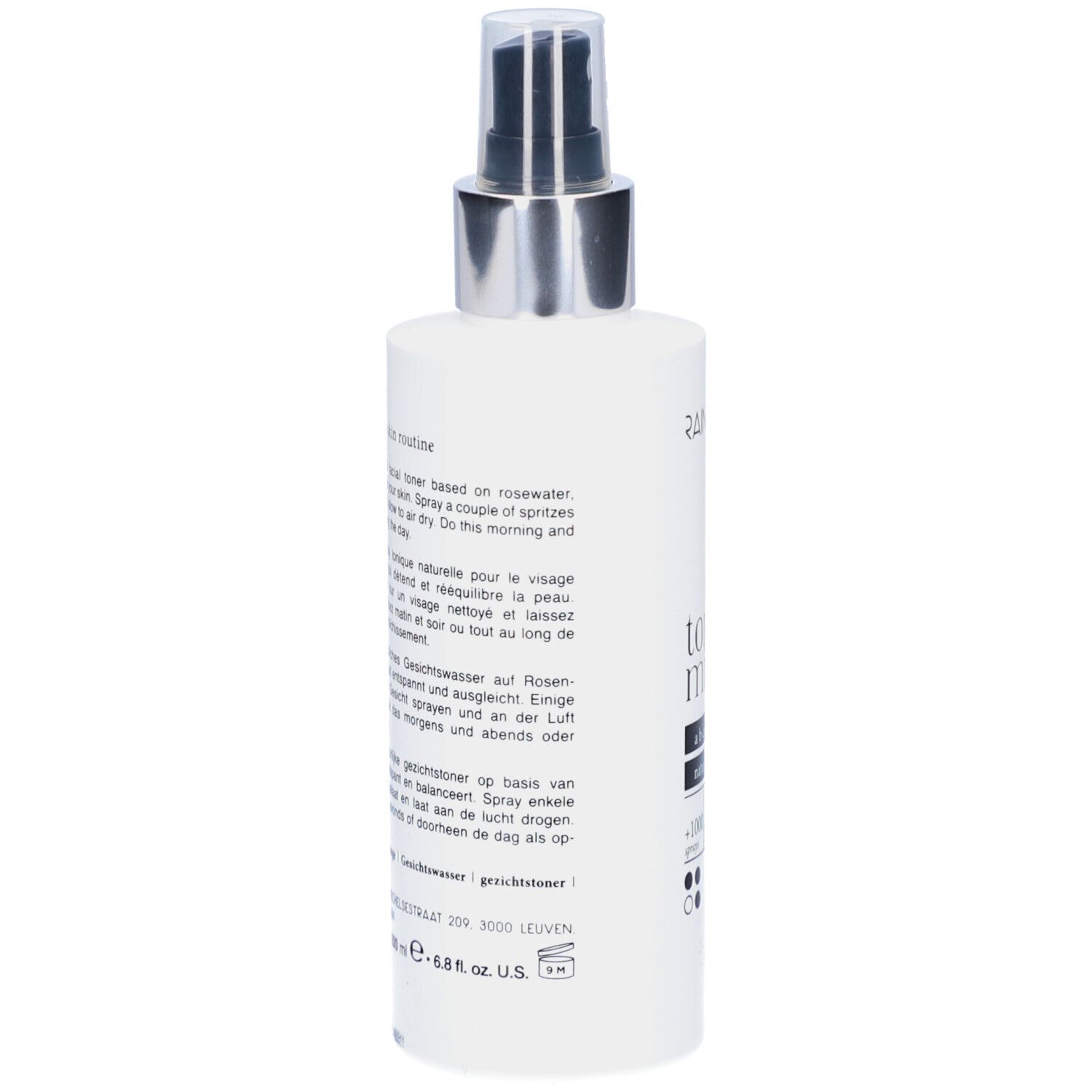 Dos du flacon Rainpharma Toning Mist. Texte multilingue. Vaporisateur argenté. Flacon blanc.