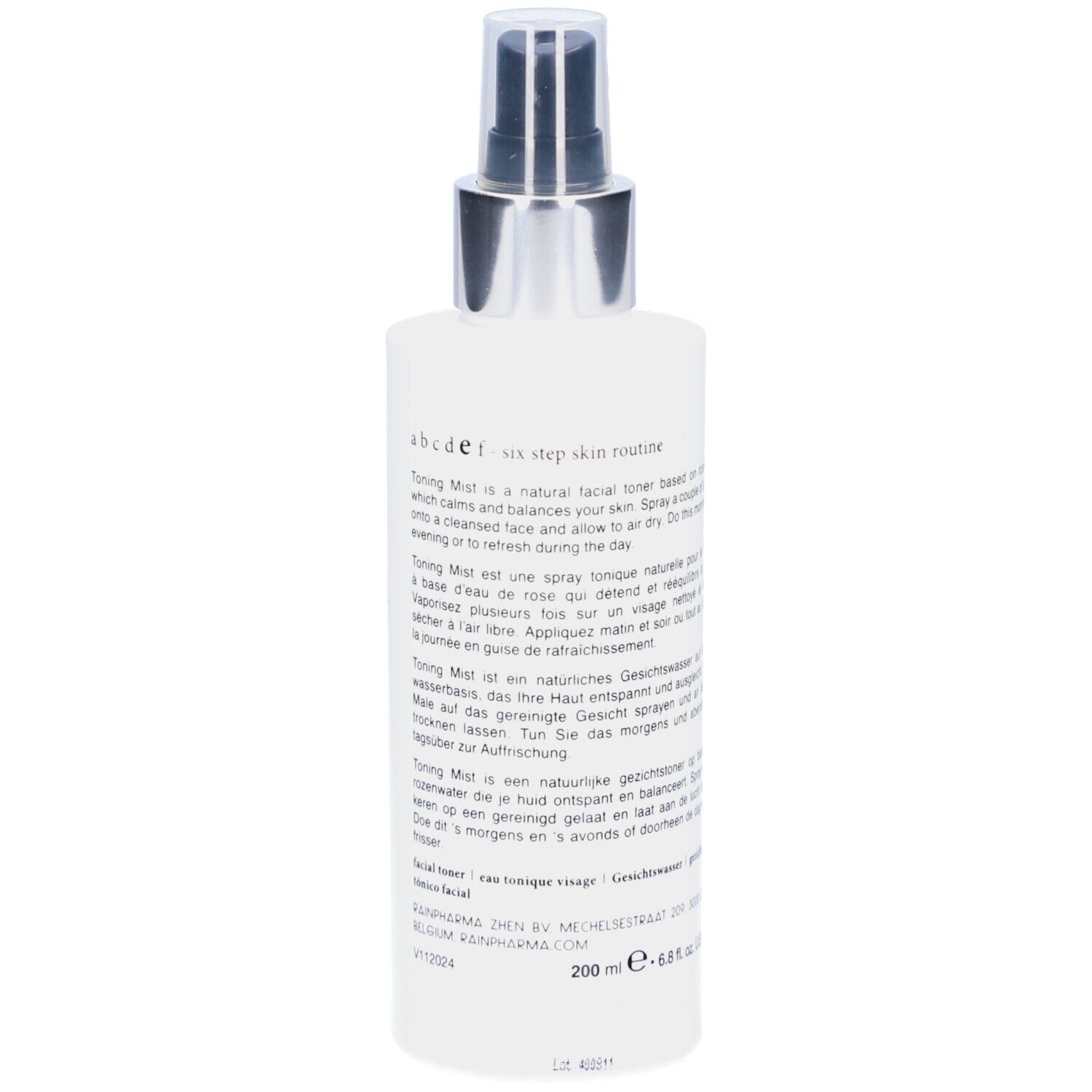 Dos du flacon Rainpharma Toning Mist. Texte multilingue. Vaporisateur argenté. Flacon blanc.