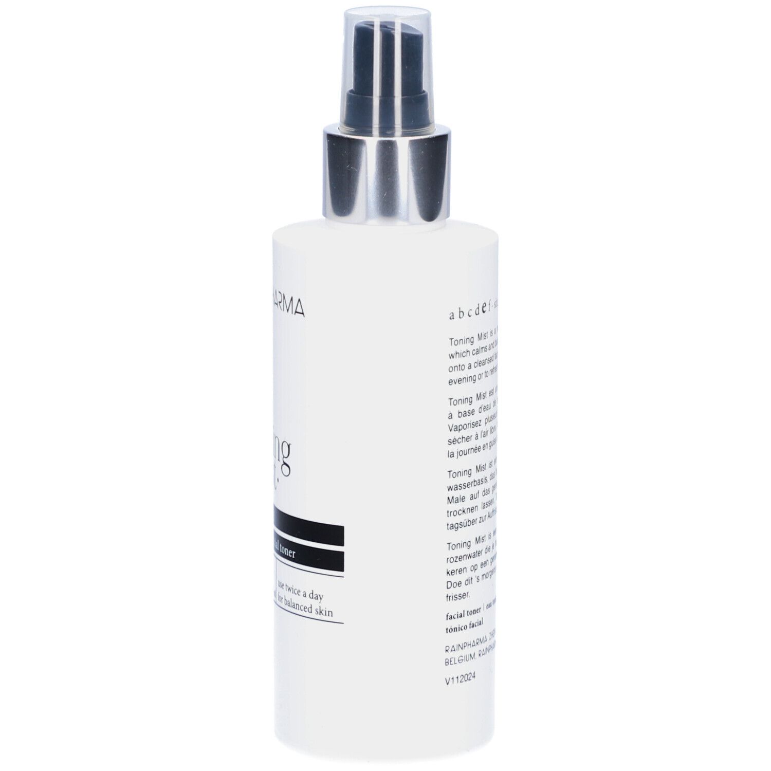 Dos du flacon Rainpharma Toning Mist. Texte multilingue. Vaporisateur argenté. Flacon blanc.