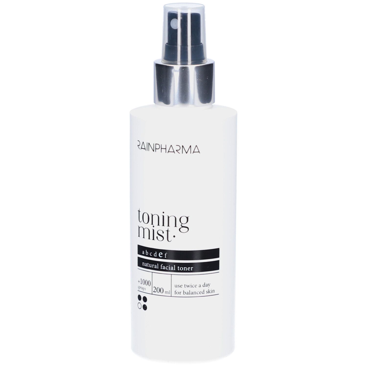Flacon blanc Rainpharma Toning Mist avec vaporisateur. Texte noir : Toning Mist, natural facial toner. Vaporisateur argenté.