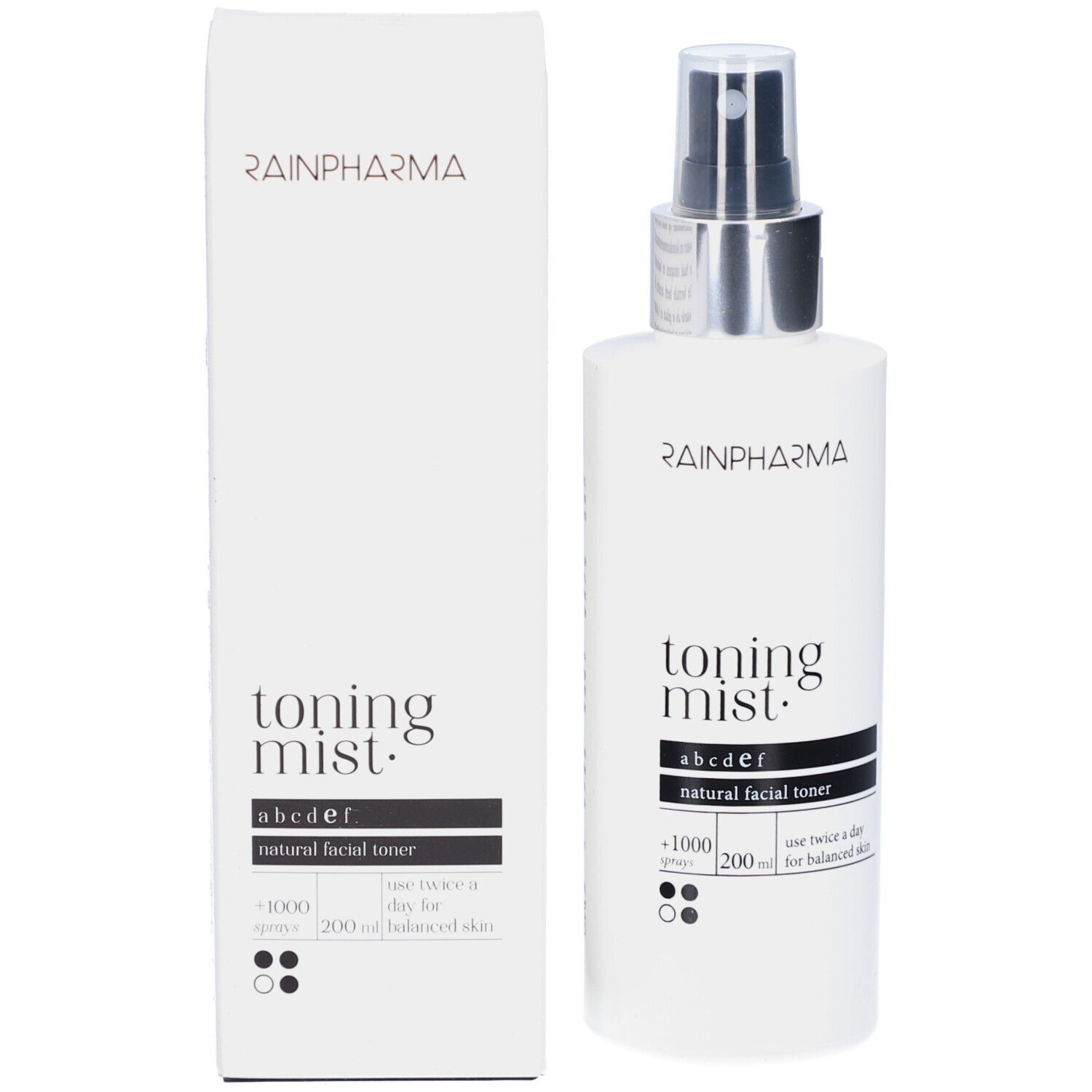Flacon Rainpharma Toning Mist et emballage. Emballage blanc avec texte noir. Vaporisateur argenté.