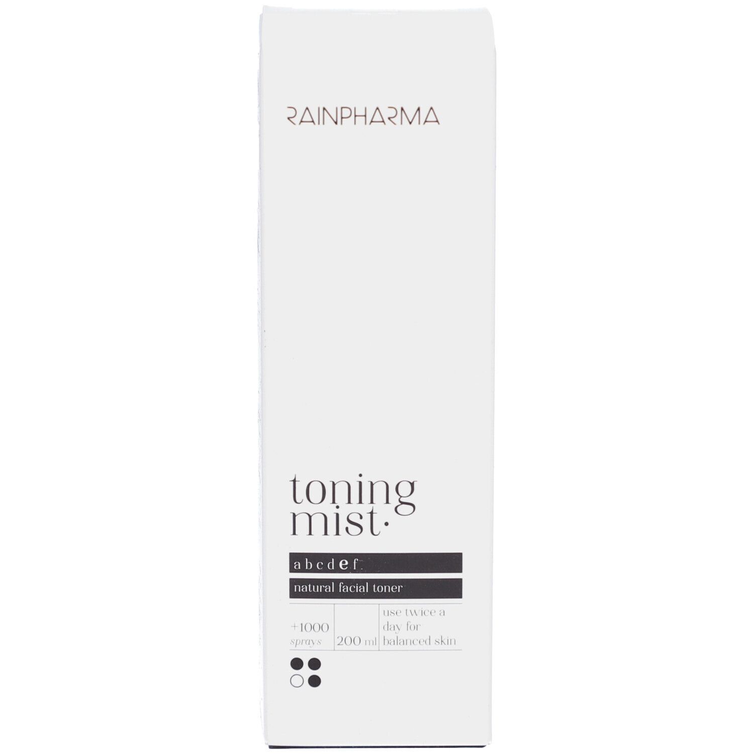 Emballage Rainpharma Toning Mist. Emballage blanc avec texte noir. Vue verticale.