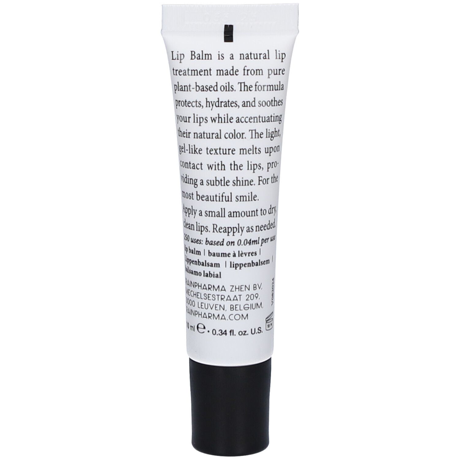 Dos du tube blanc. Texte: Lip Balm est un soin naturel pour les lèvres à base d'huiles végétales. 10 ml. Informations fabricant.