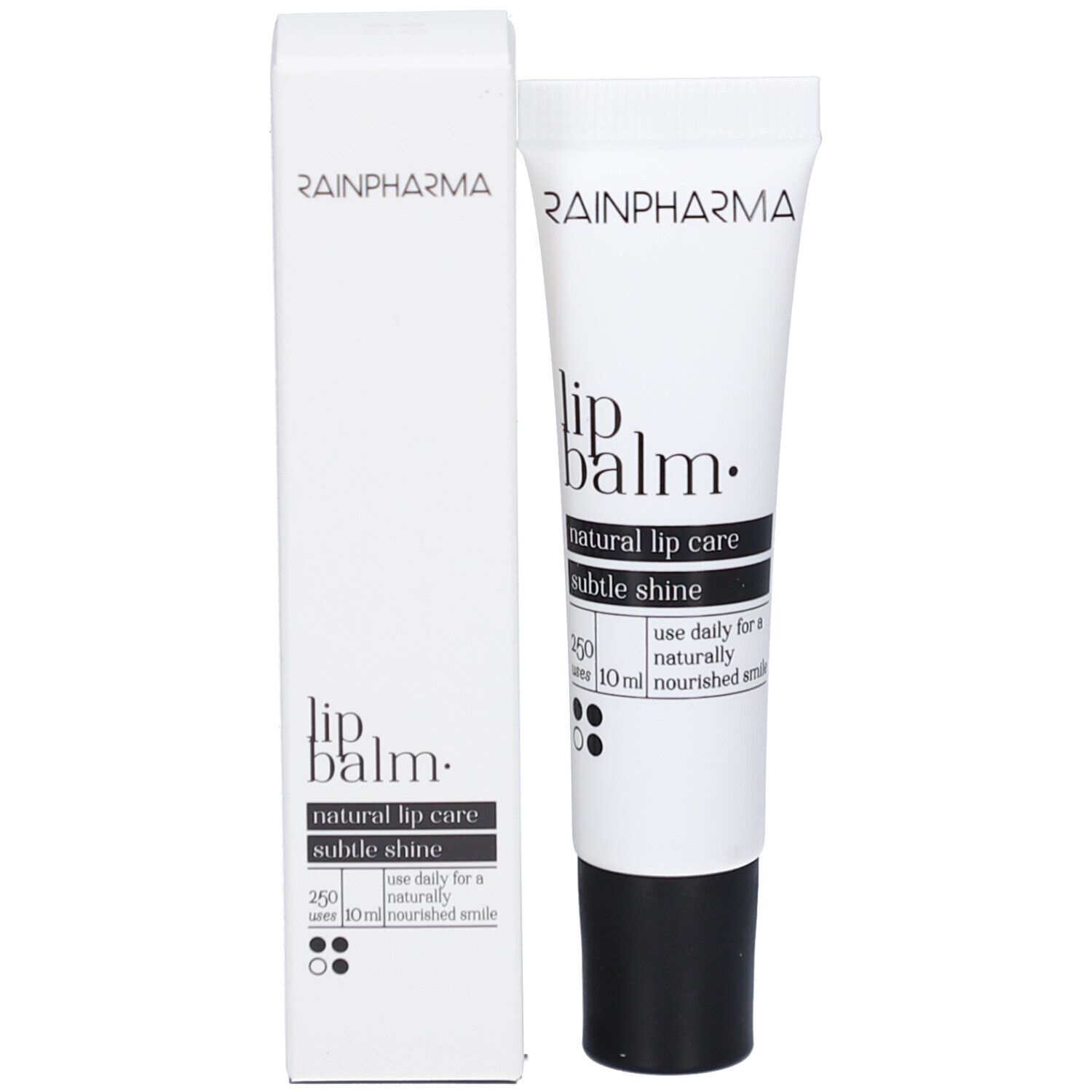 Emballage blanc avec tube. Inscription: RAINPHARMA, Lip balm, natural lip care, subtle shine. Volume: 10 ml.