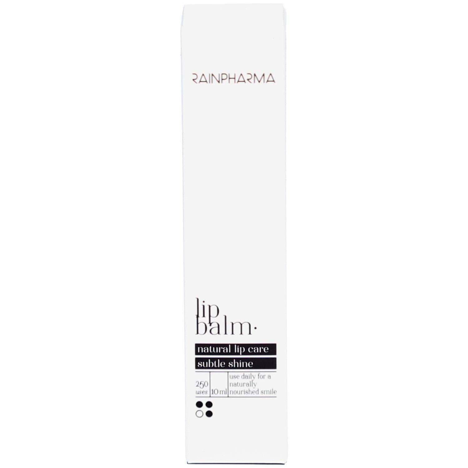 Emballage blanc. Inscription: RAINPHARMA, Lip balm, natural lip care, subtle shine. Volume: 10 ml.