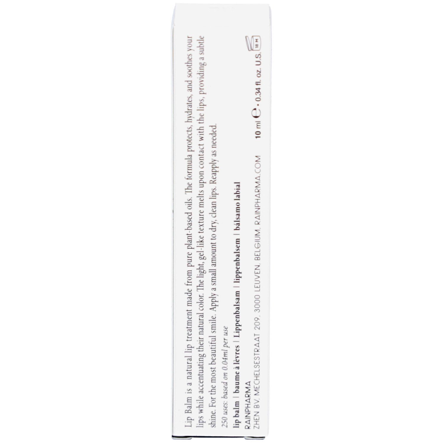 Dos de l'emballage blanc. Texte: Lip Balm est un soin naturel pour les lèvres à base d'huiles végétales. 10 ml. Informations fabricant.