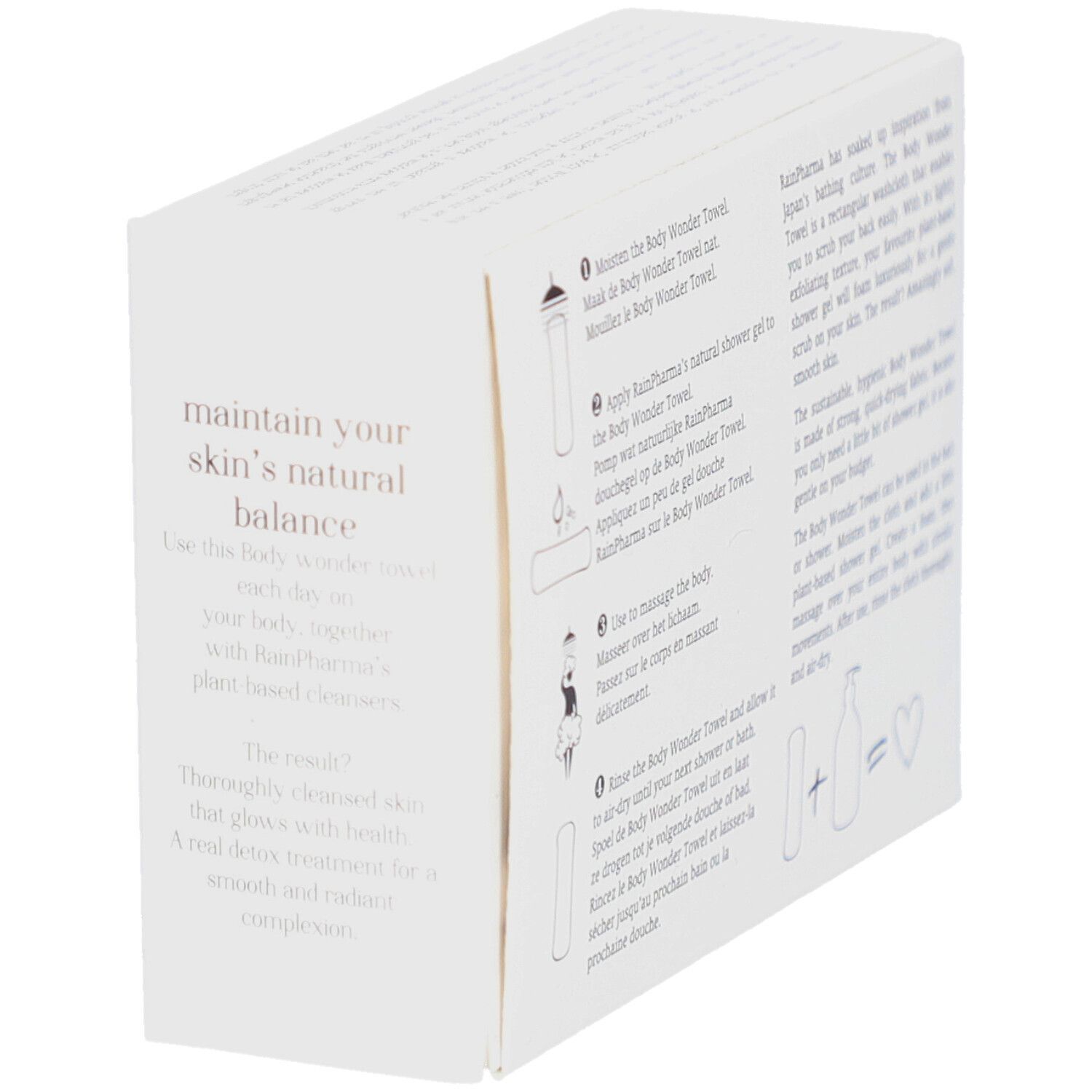 Emballage blanc avec texte. Texte : "maintain your skin's natural balance". Illustrations et texte. Logo Rainpharma. "Body Wonder Towel".