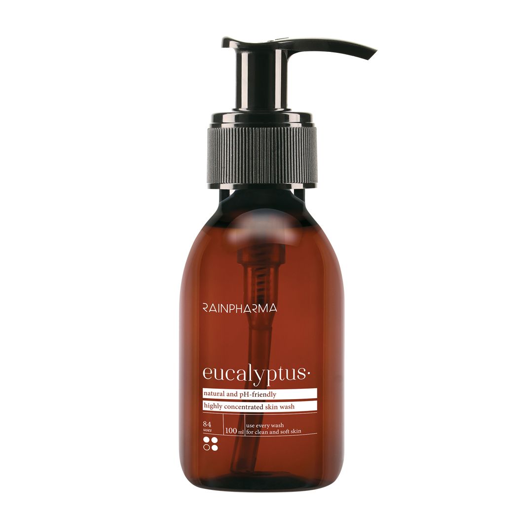 Flacon brun avec pompe noire. Inscription : Eucalyptus. Marque : Rainpharma. Texte : natural and pH friendly.