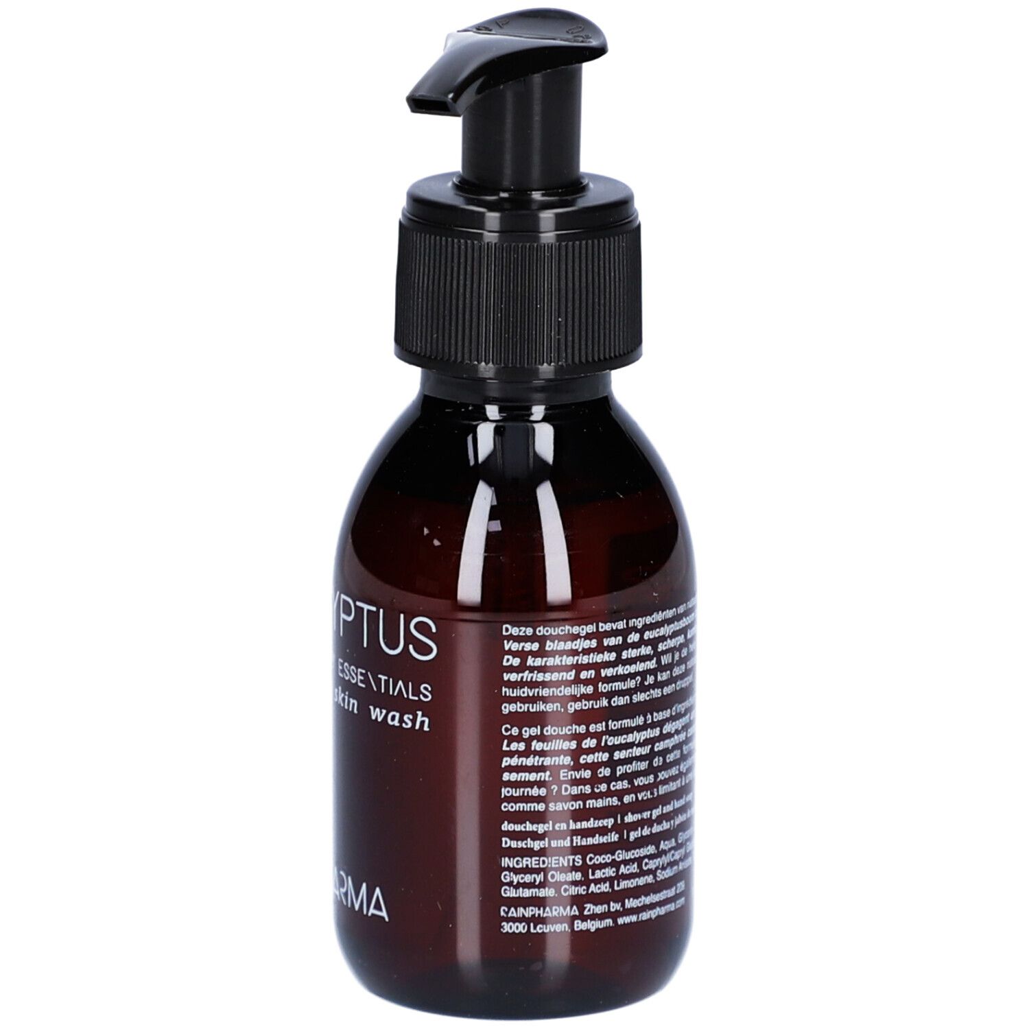 Flacon brun avec pompe noire. Inscription : Eucalyptus Essentials Skin Wash. Marque : Rainpharma.