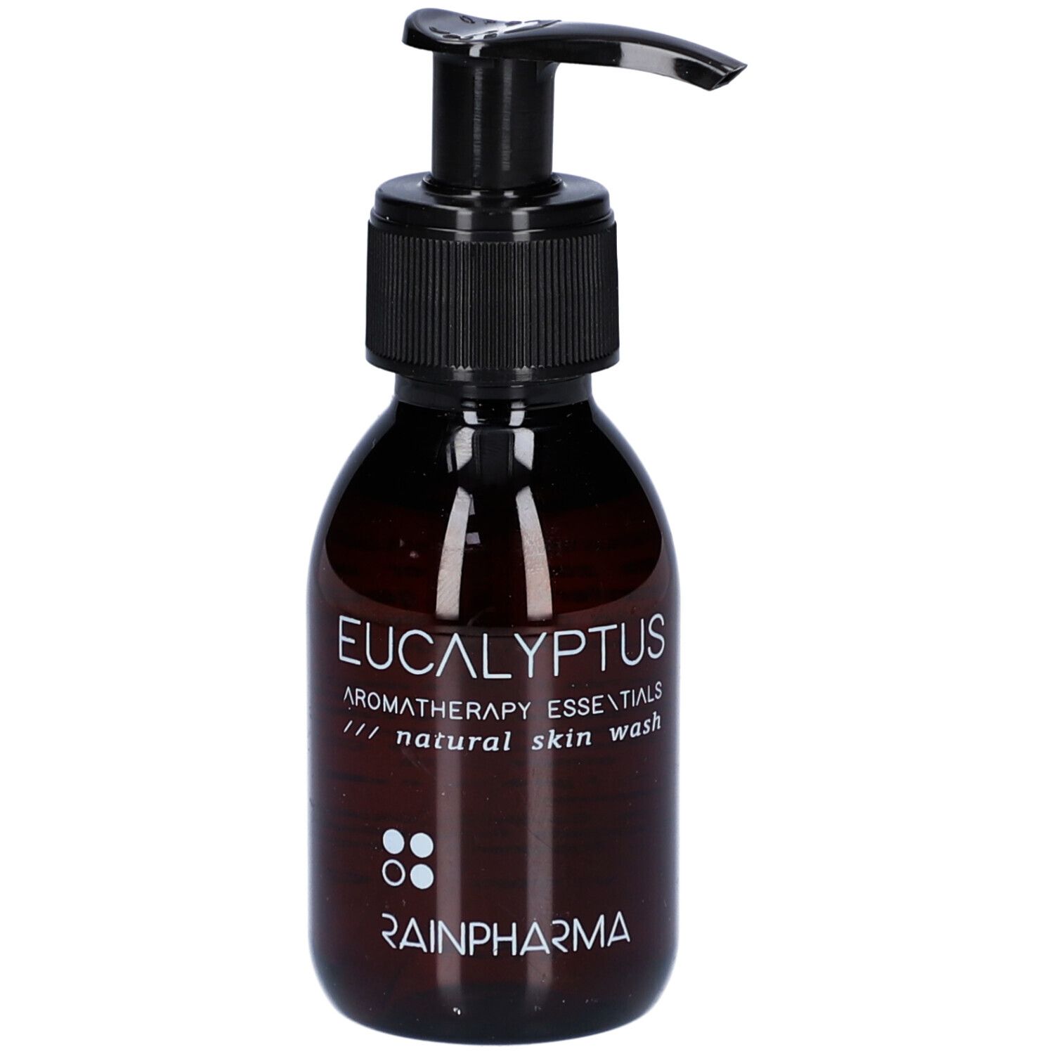 Flacon brun avec pompe noire. Inscription : Eucalyptus Aromatherapy Essentials natural skin wash. Marque : Rainpharma.