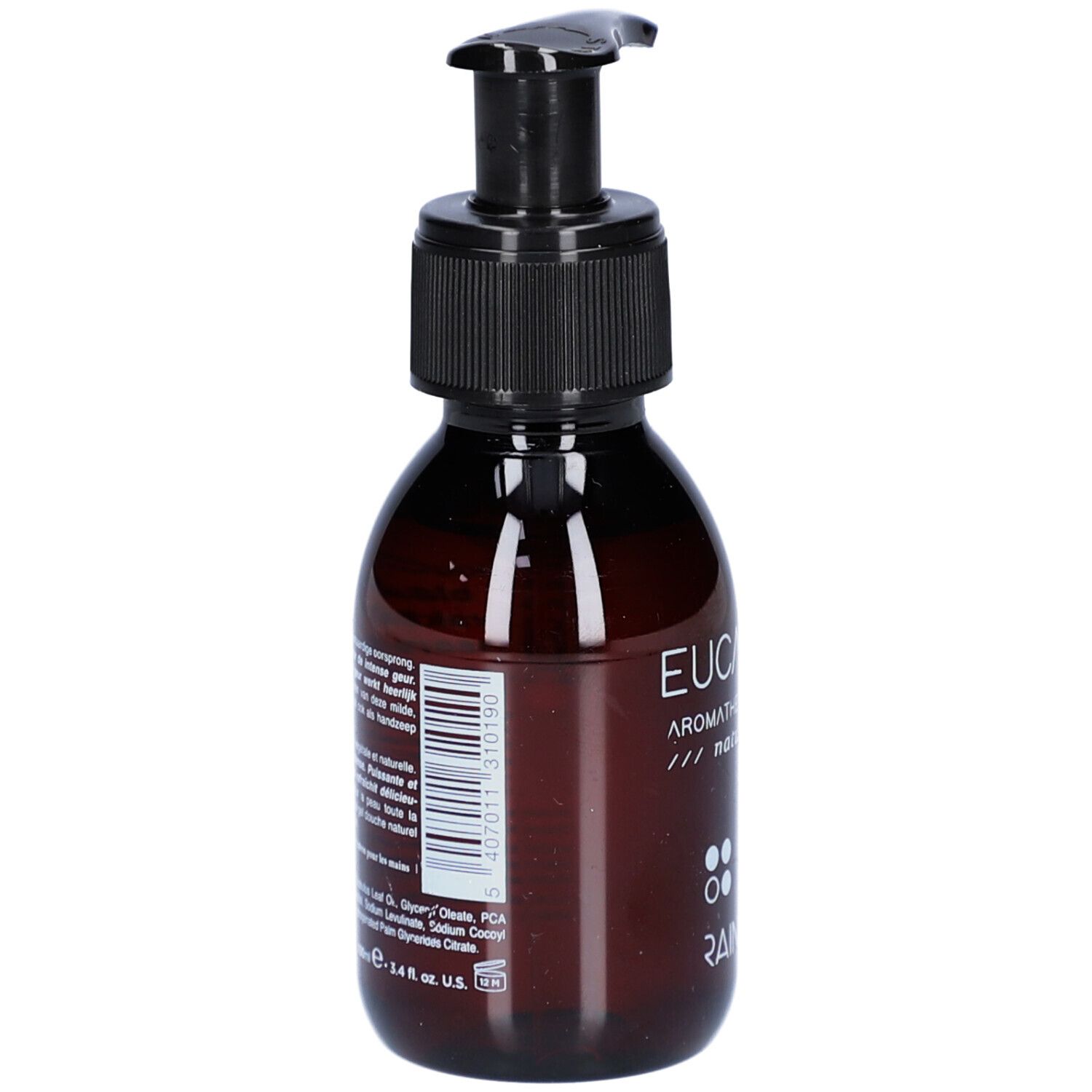 Flacon brun avec pompe noire. Inscription : Eucalyptus Aromatherapy Essentials natural skin wash. Code-barres.