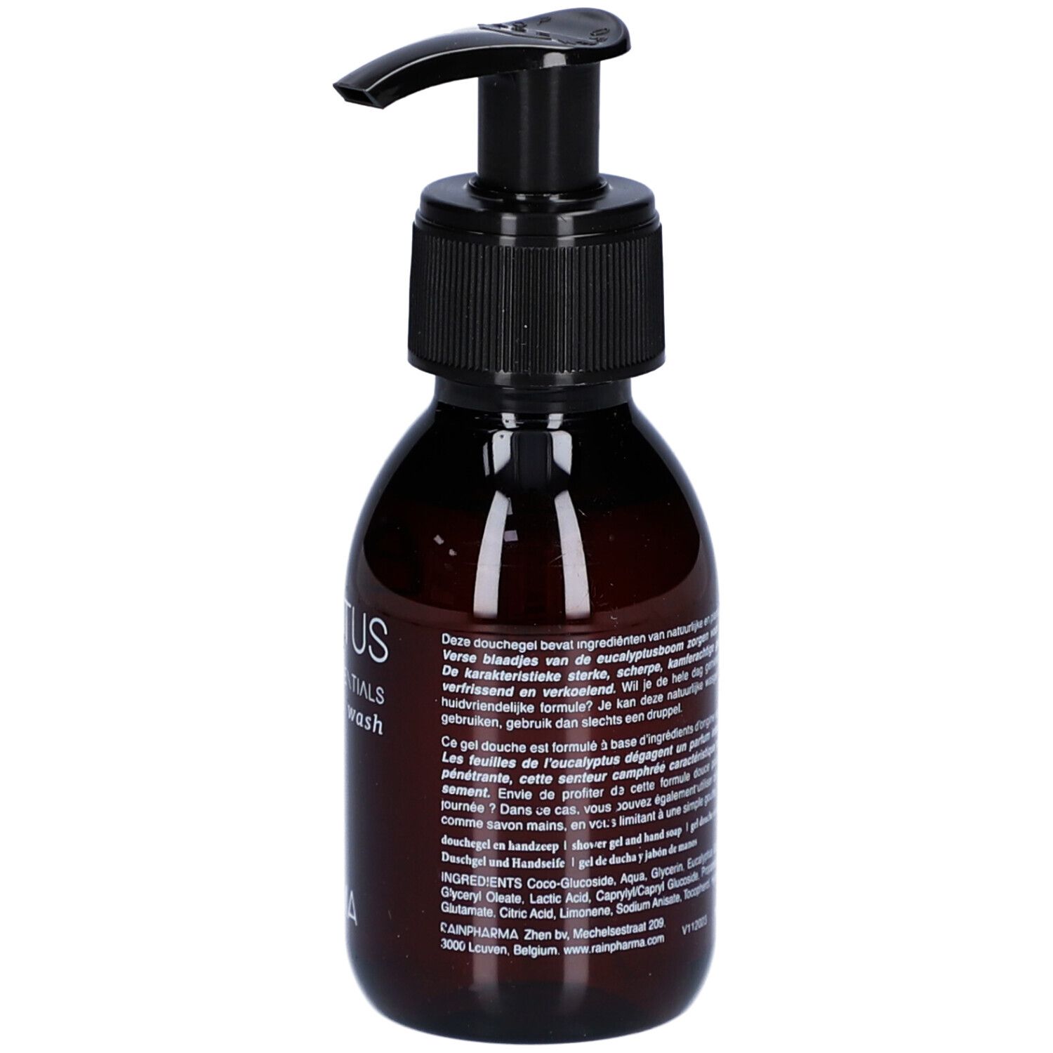 Flacon brun avec pompe noire. Inscription : Eucalyptus Essentials Skin Wash. Texte au dos.