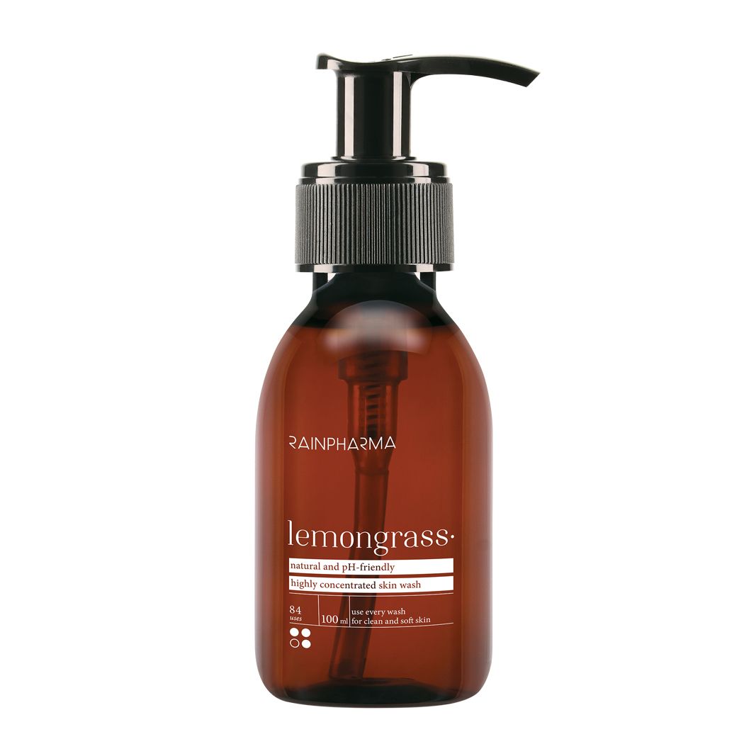 Flacon brun avec pompe noire. Inscription : Rainpharma, Lemongrass, natural and pH-friendly, highly concentrated skin wash.