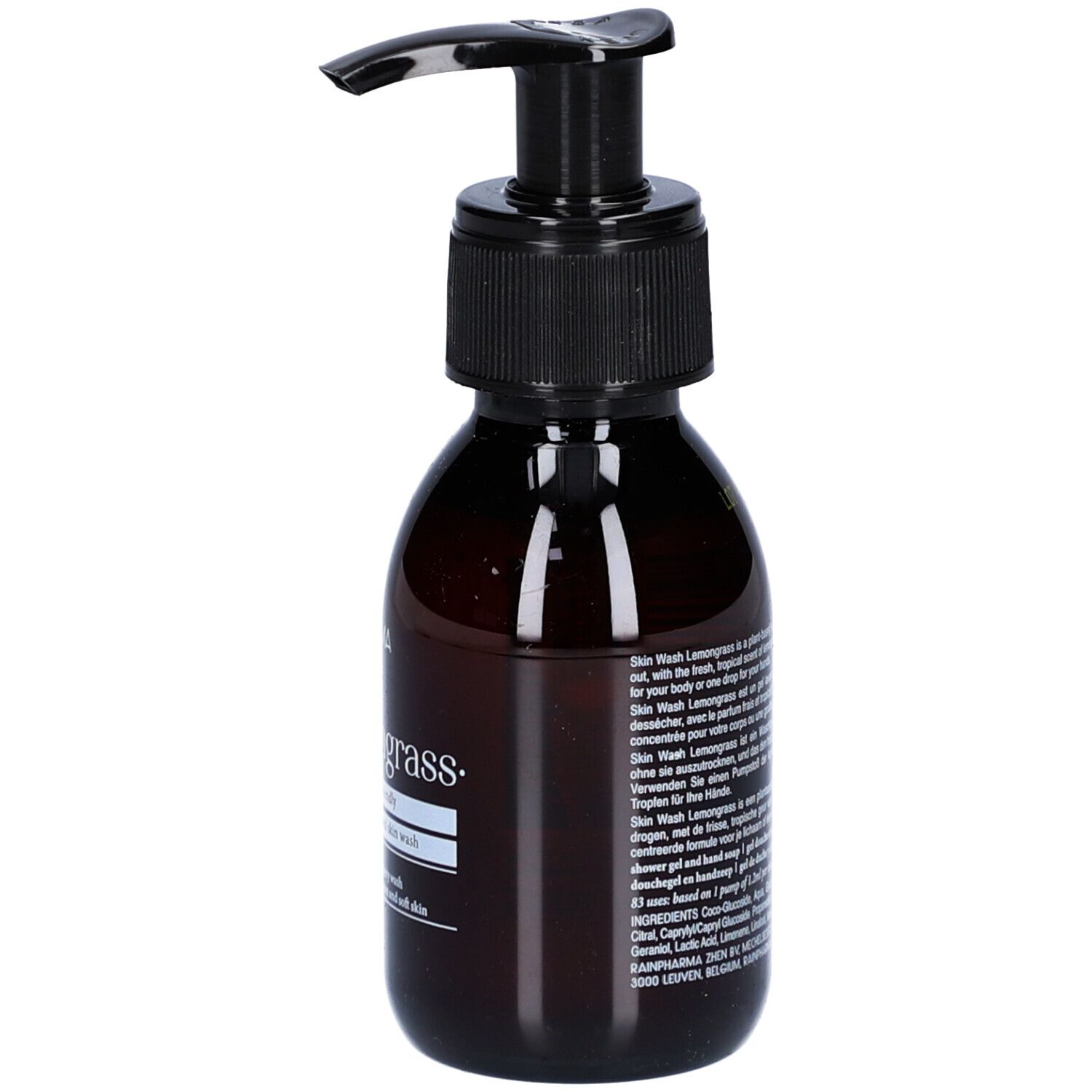 Flacon brun avec pompe noire. Inscription : Skin Wash Lemongrass. Texte en plusieurs langues.