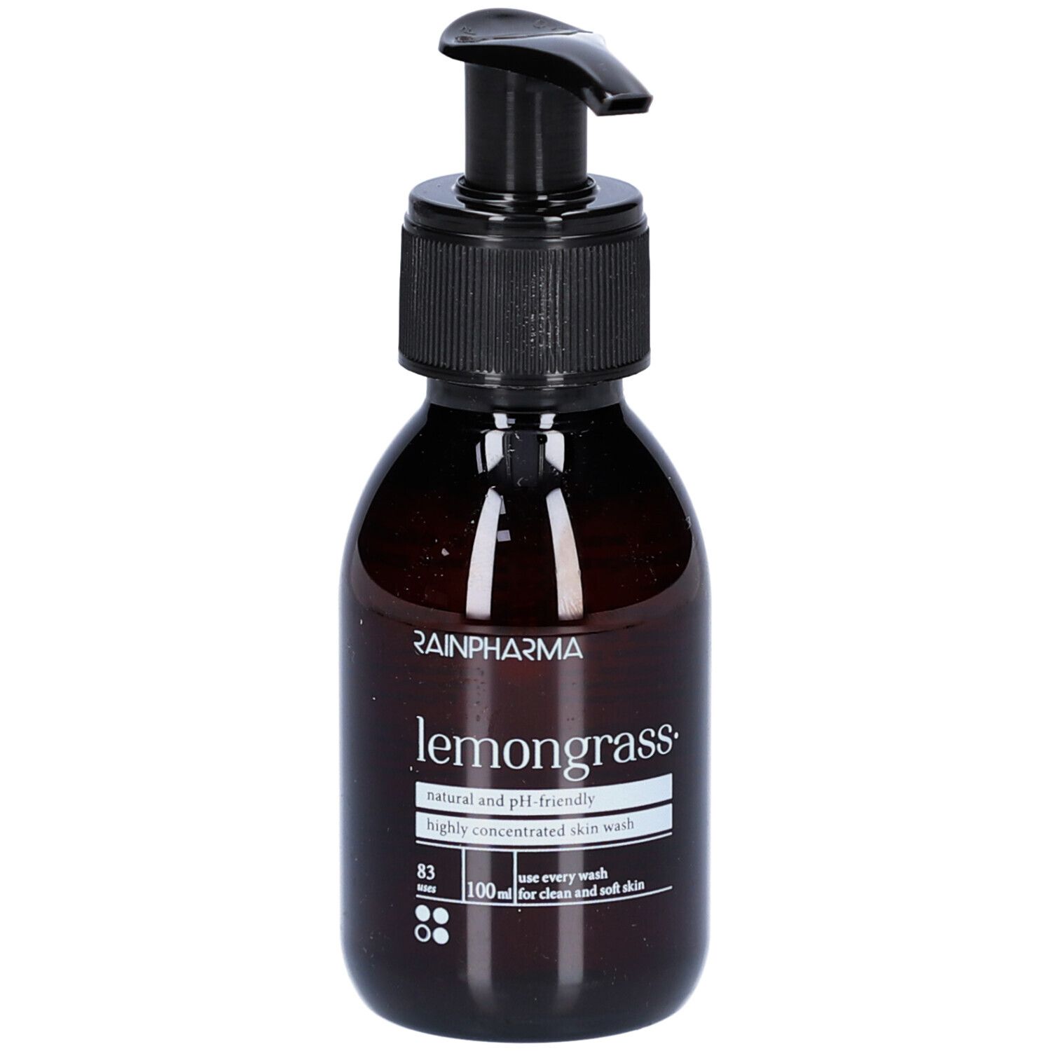 Flacon brun avec pompe noire. Inscription : Rainpharma, Lemongrass, natural and pH-friendly, highly concentrated skin wash.