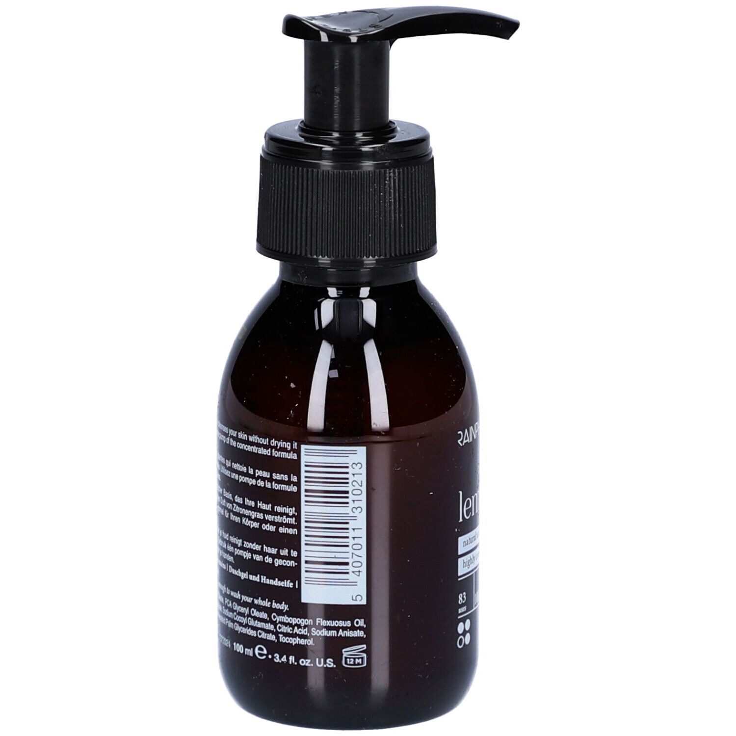 Flacon brun avec pompe noire. Inscription et code-barres. Texte en plusieurs langues.