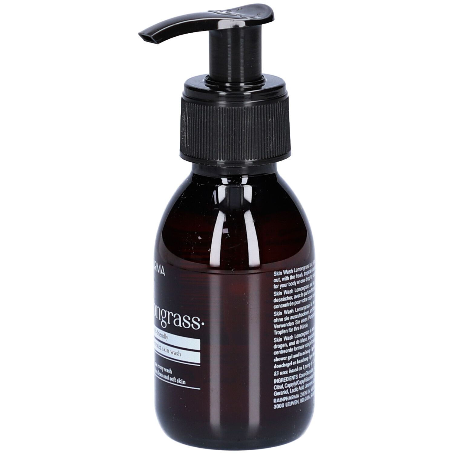 Flacon brun avec pompe noire. Inscription : Rainpharma, Lemongrass, highly concentrated skin wash. Texte en plusieurs langues.