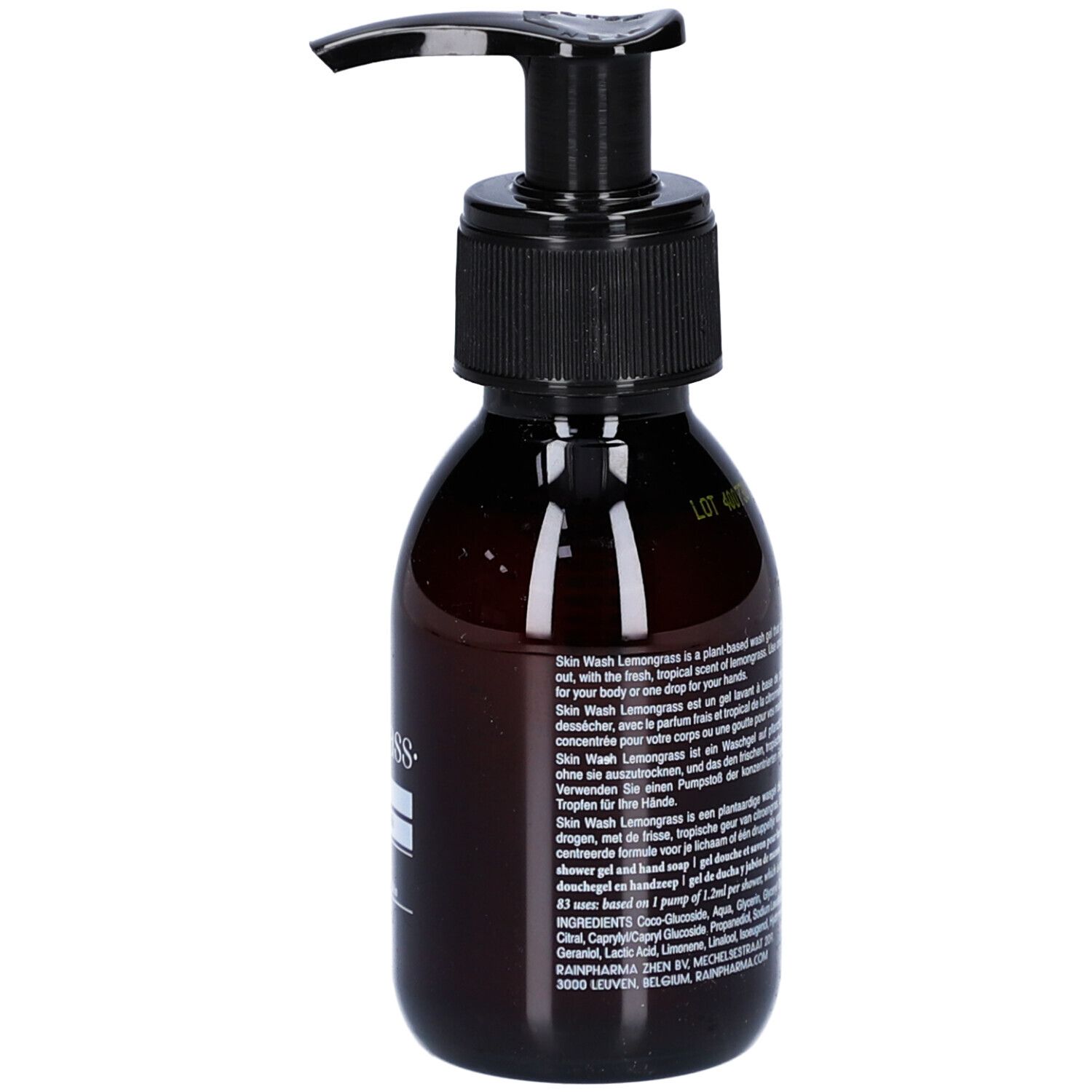 Flacon brun avec pompe noire. Texte en plusieurs langues. Inscription : Skin Wash Lemongrass.
