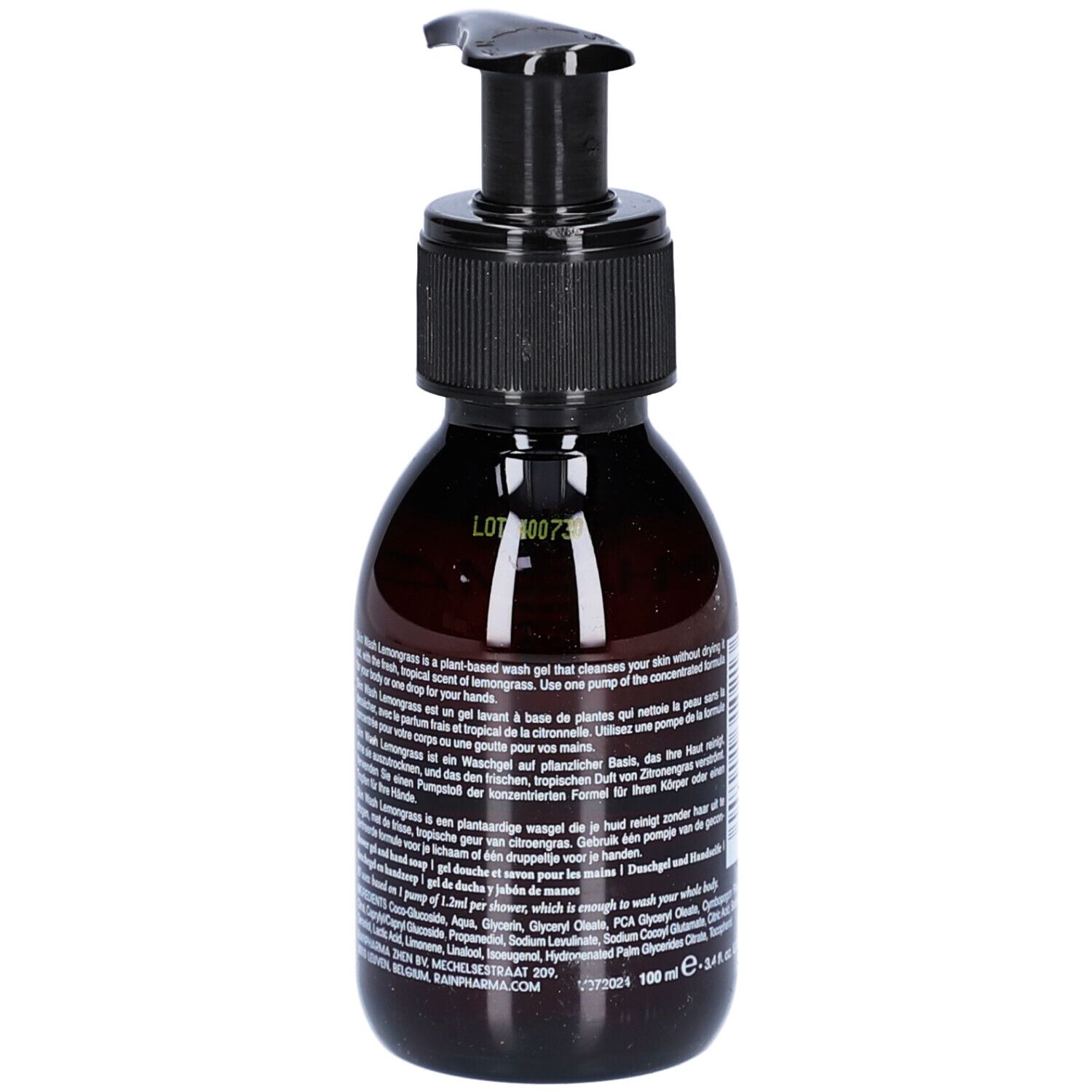 Flacon brun avec pompe noire. Texte en plusieurs langues. Inscription : Skin Wash Lemongrass.