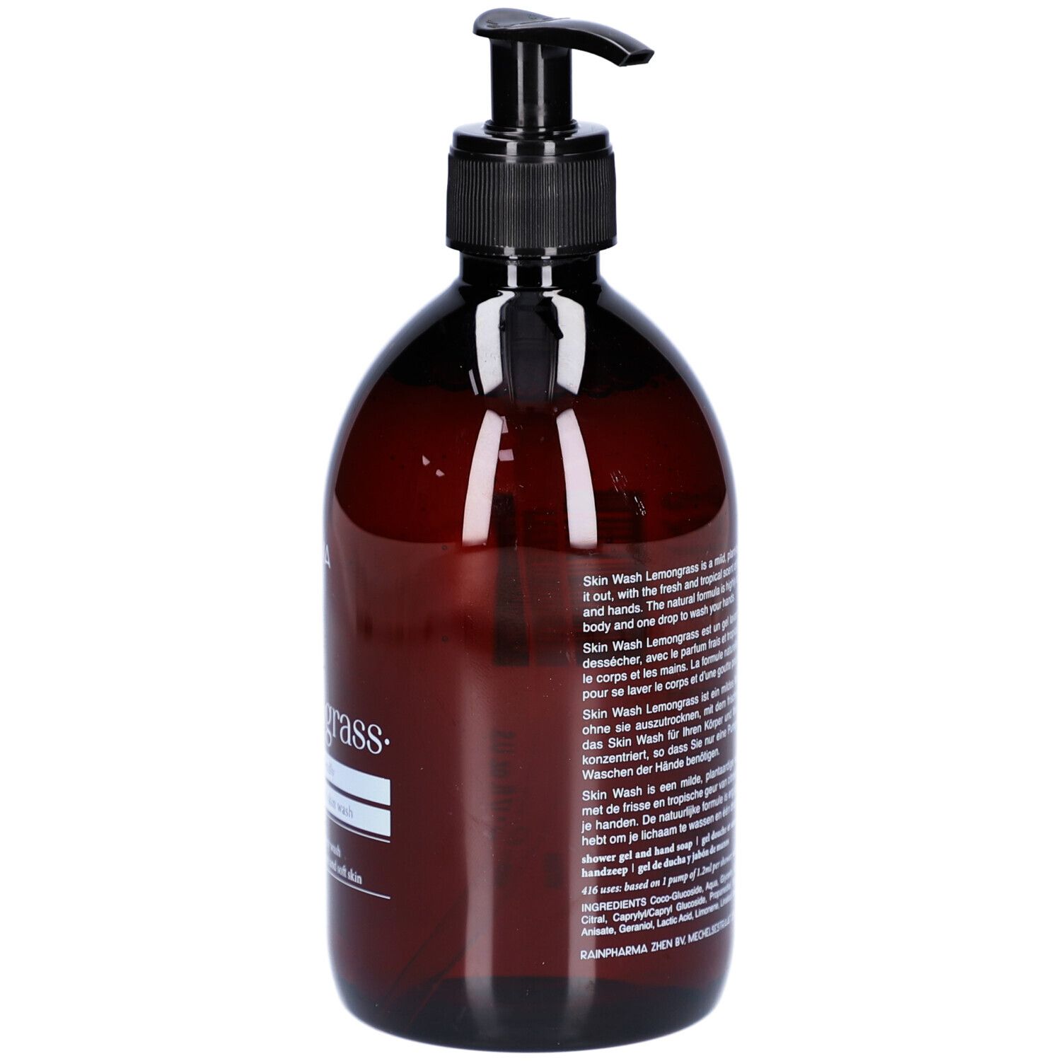 Flacon brun avec pompe noire. Inscription: Skin Wash Lemongrass. Texte en plusieurs langues.