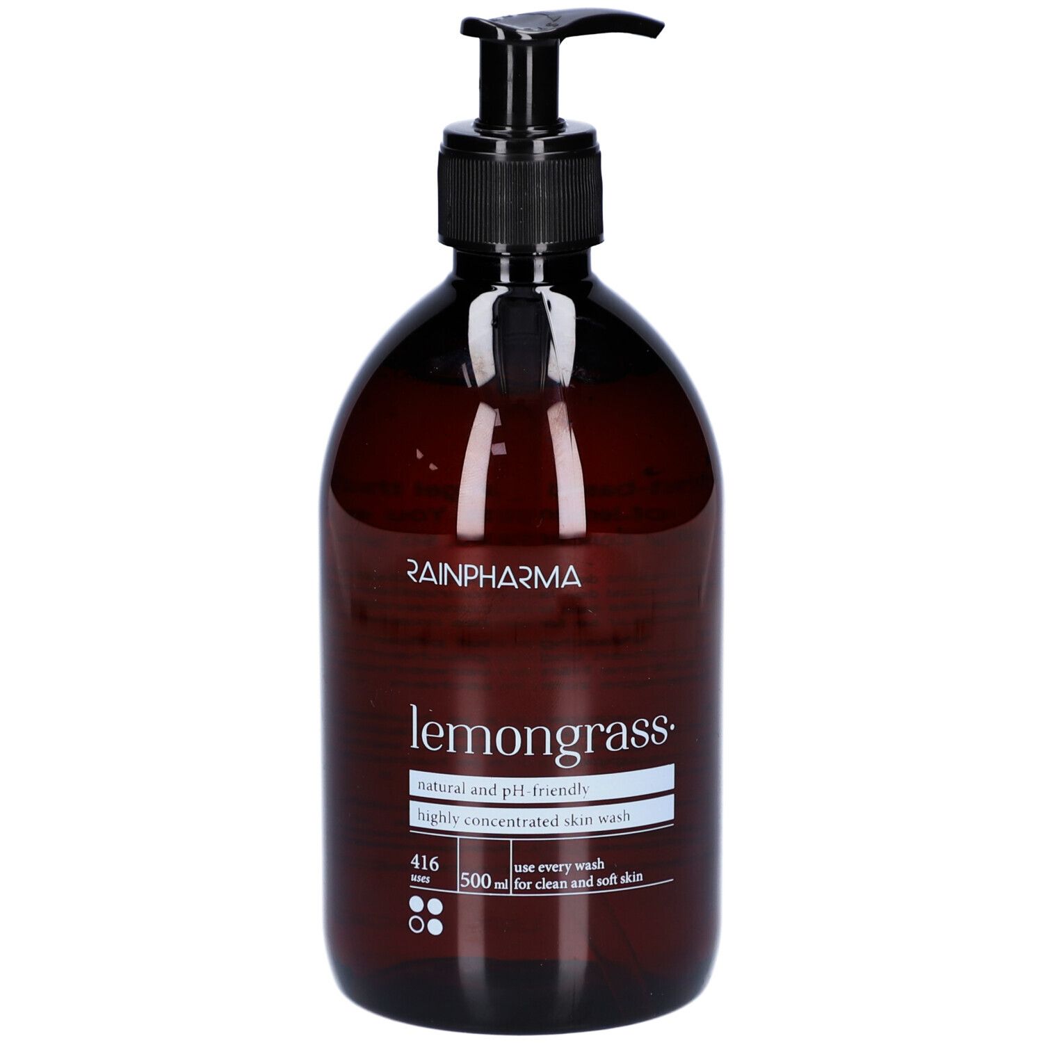 Flacon brun avec pompe noire. Inscription: Rainpharma, Lemongrass, natural and pH friendly.