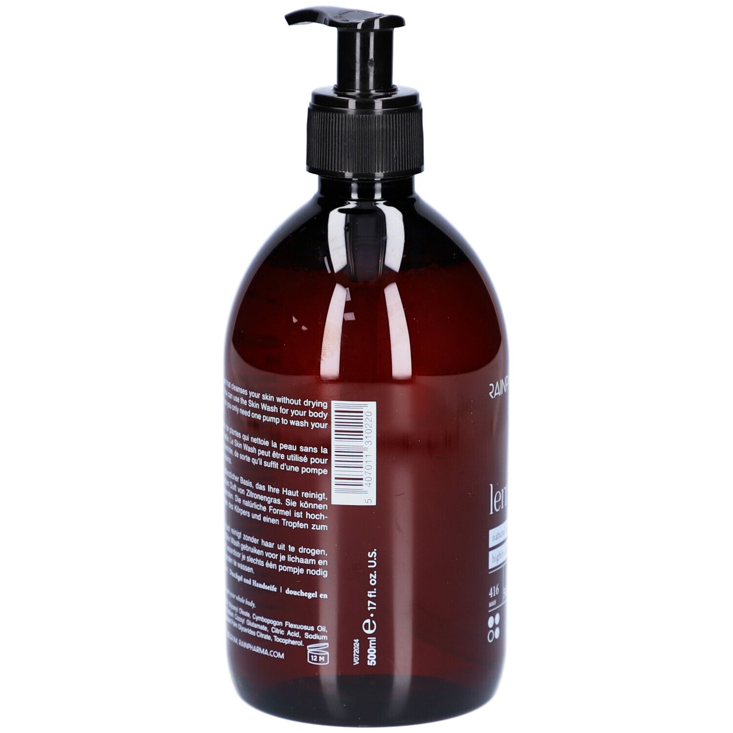 Flacon brun avec pompe noire. Texte multilingue. Inscription: Lemongrass, 17 fl. oz. U.S.