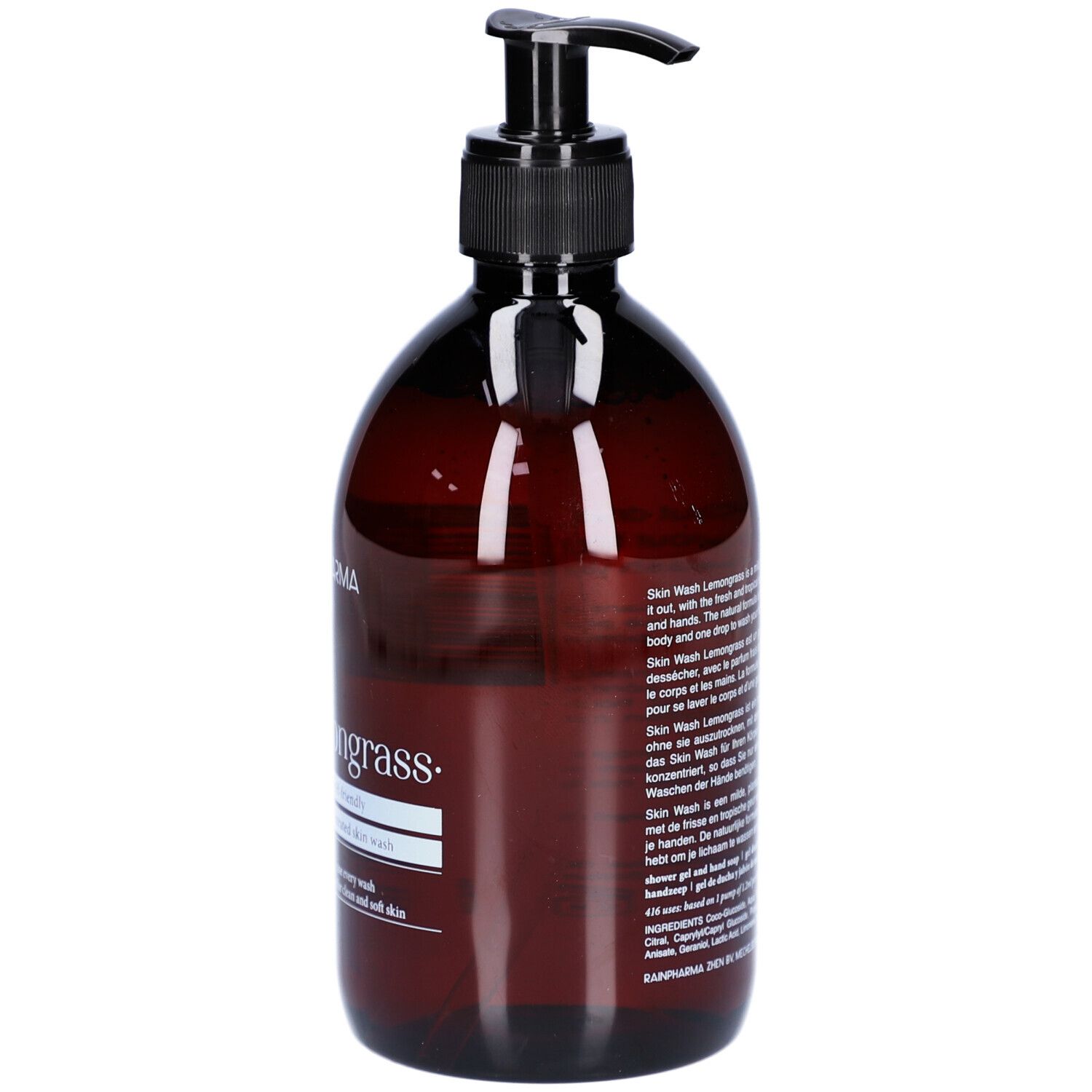 Flacon brun avec pompe noire. Inscription: Skin Wash Lemongrass. Texte en plusieurs langues.