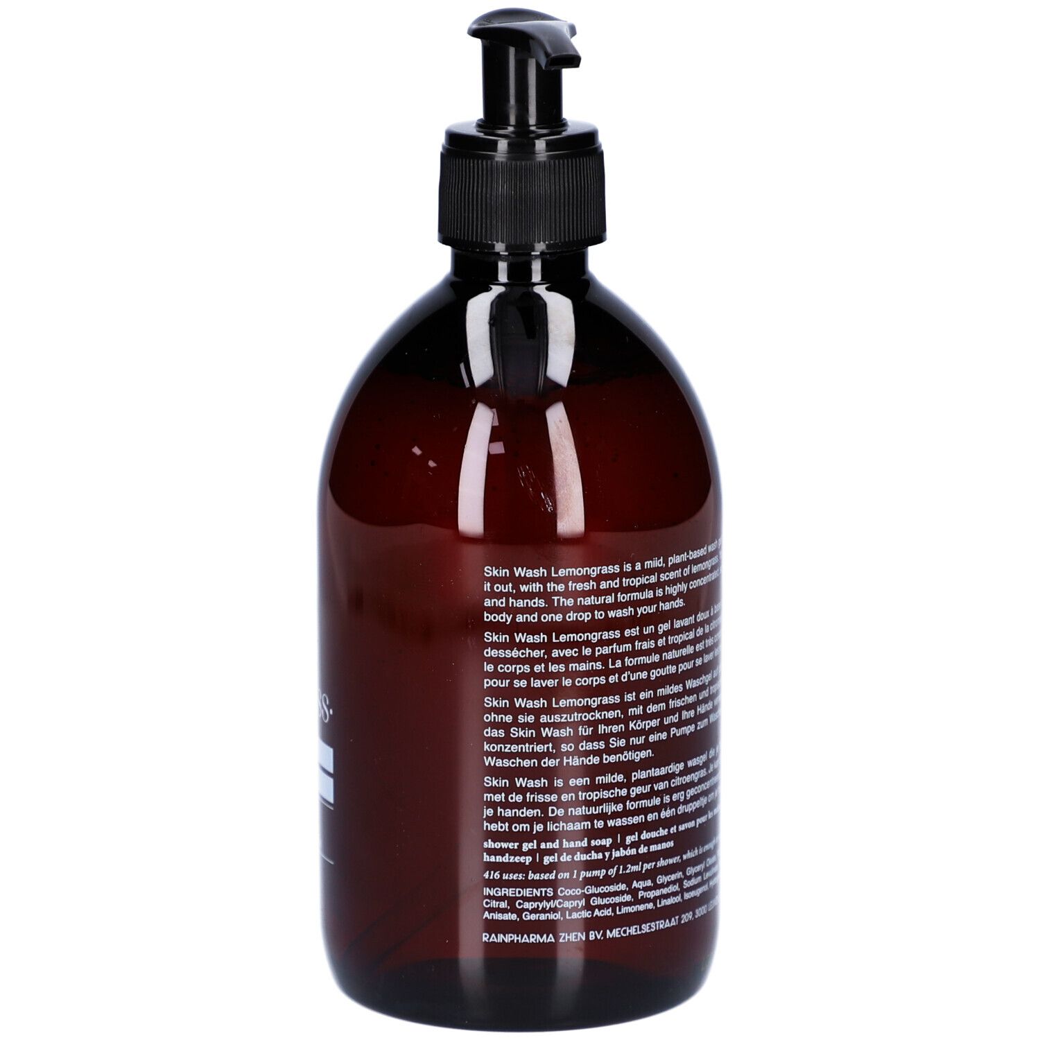 Flacon brun avec pompe noire. Texte multilingue. Inscription: Skin Wash Lemongrass.