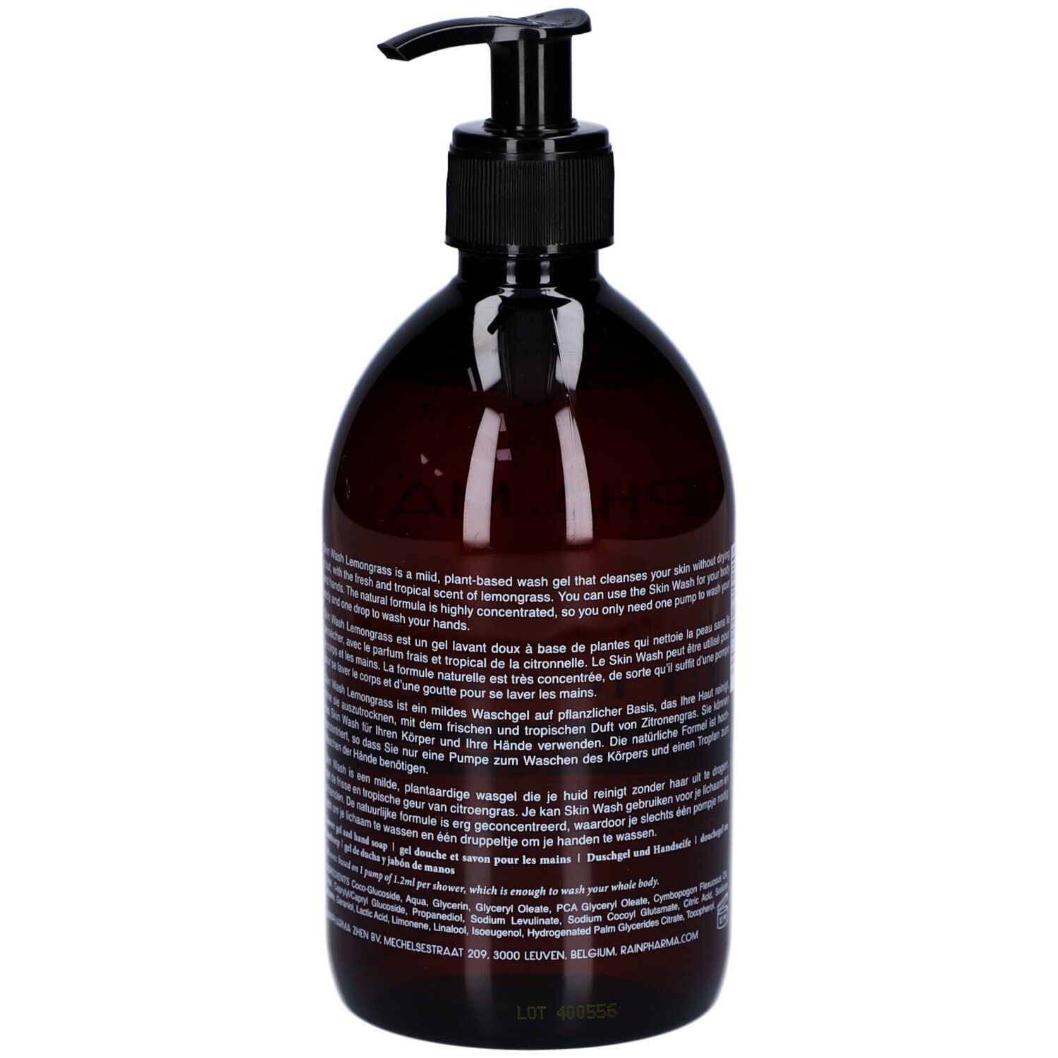 Flacon brun avec pompe noire. Texte multilingue. Inscription: Skin Wash Lemongrass.
