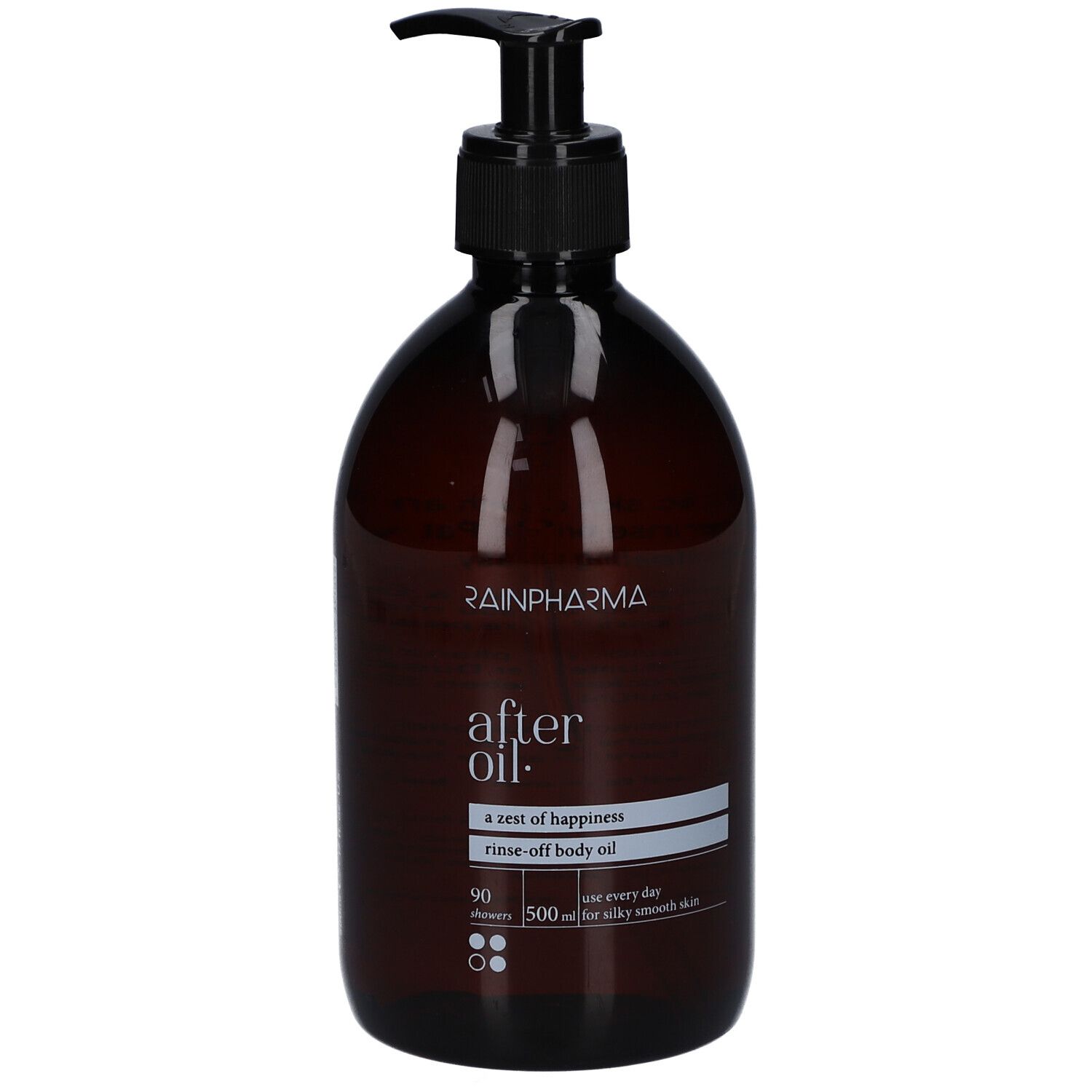 Flacon brun avec pompe noire. Inscription: RainPharma, after oil, rinse-off body oil. 500 ml.