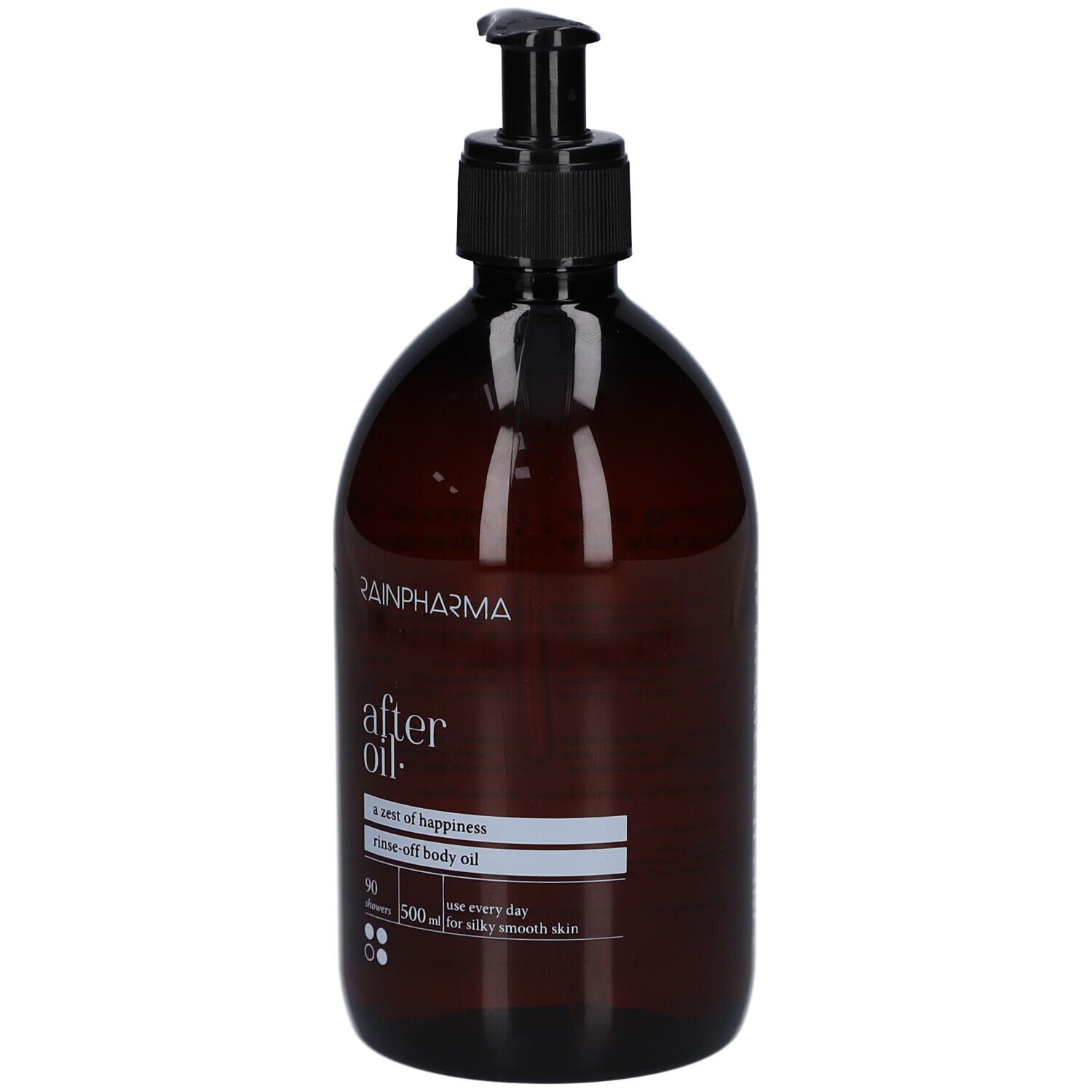 Flacon brun avec pompe noire. Inscription: RainPharma, after oil, rinse-off body oil. 500 ml.