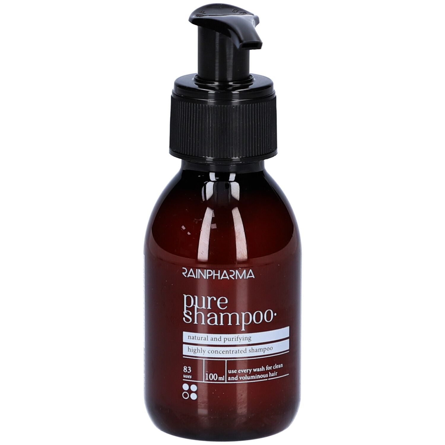Flacon brun avec pompe noire. Inscription: Rainpharma, pure shampoo. Étiquette avec informations produit.