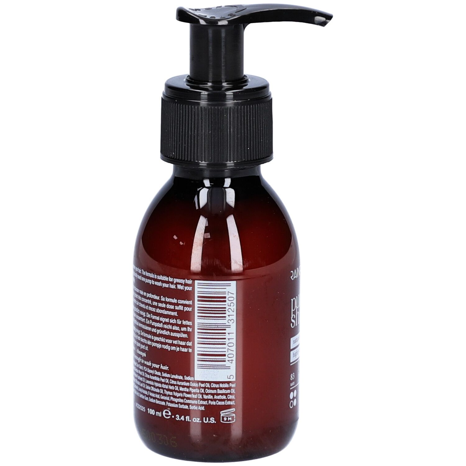 Flacon brun avec pompe noire. Inscription: Pure Shampoo. Étiquette avec informations produit et code-barres.