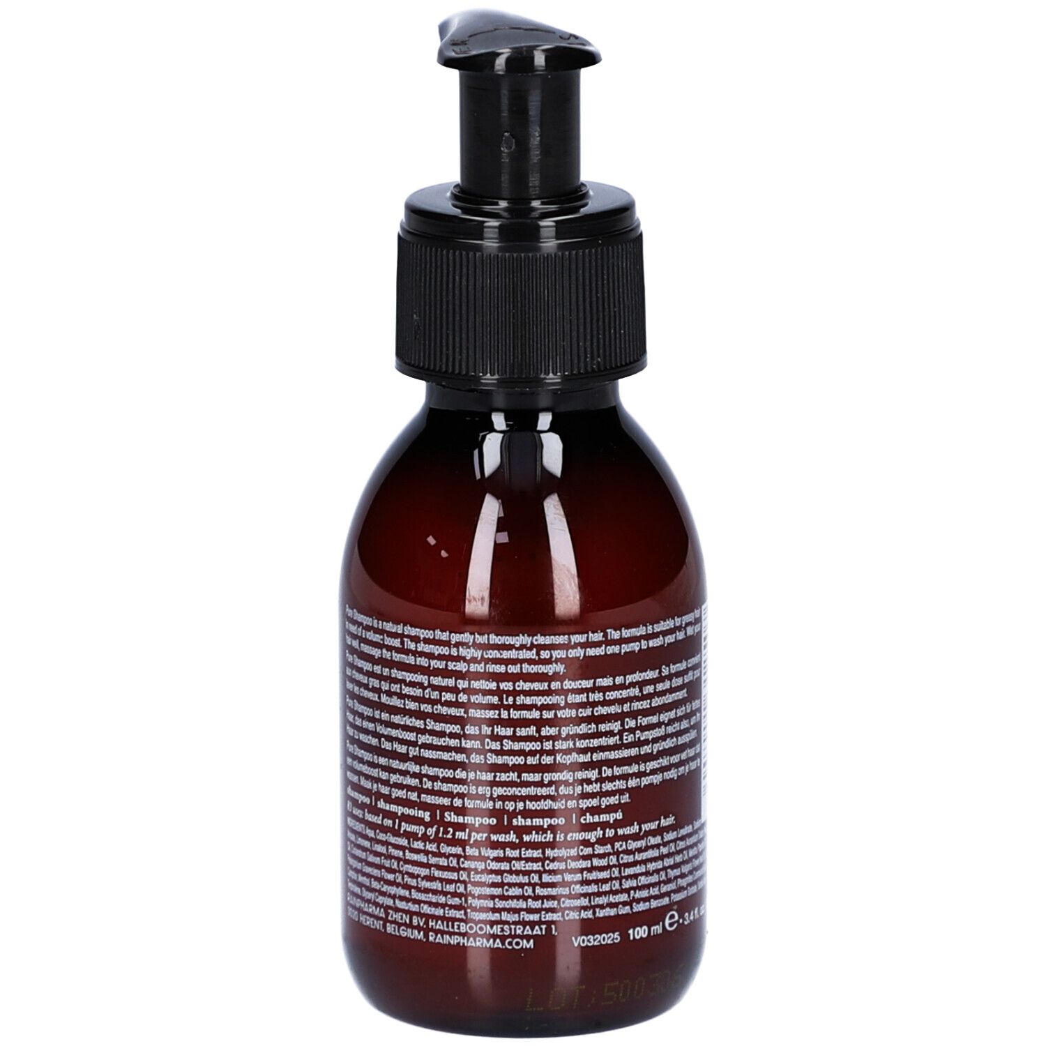 Flacon brun avec pompe noire. Inscription: Pure Shampoo. Texte multilingue. Étiquette avec informations produit.