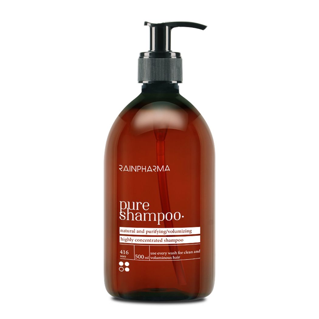 Flacon brun avec pompe noire. Inscription: RAINPHARMA, pure shampoo, natural and purifying/volumizing, 416, 500 ml.